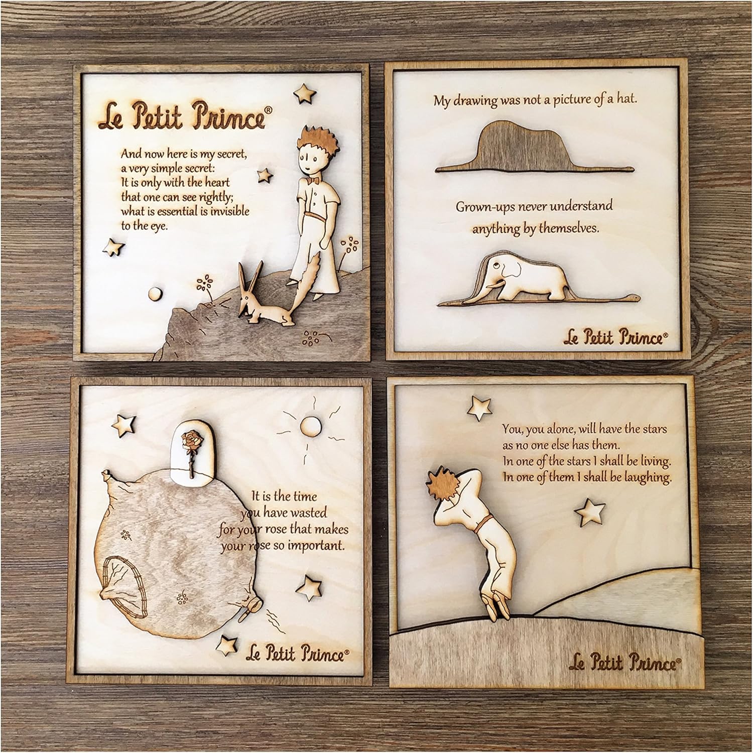 Wood Frame set of 4 - The Little Prince/Wood engraved frame/The Little prince wall decor