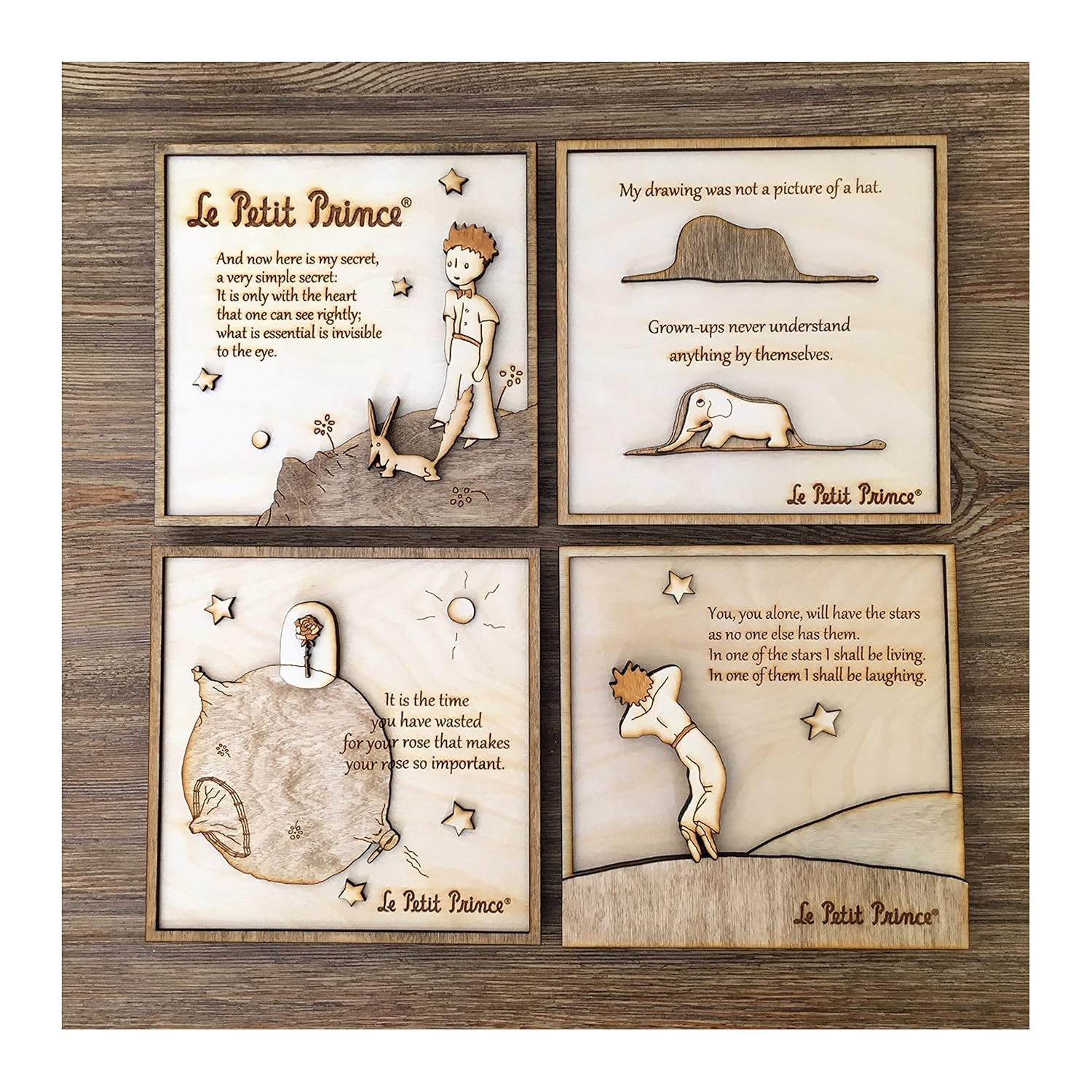 Wood Frame set of 4 - The Little Prince/Wood engraved frame/The Little prince wall decor