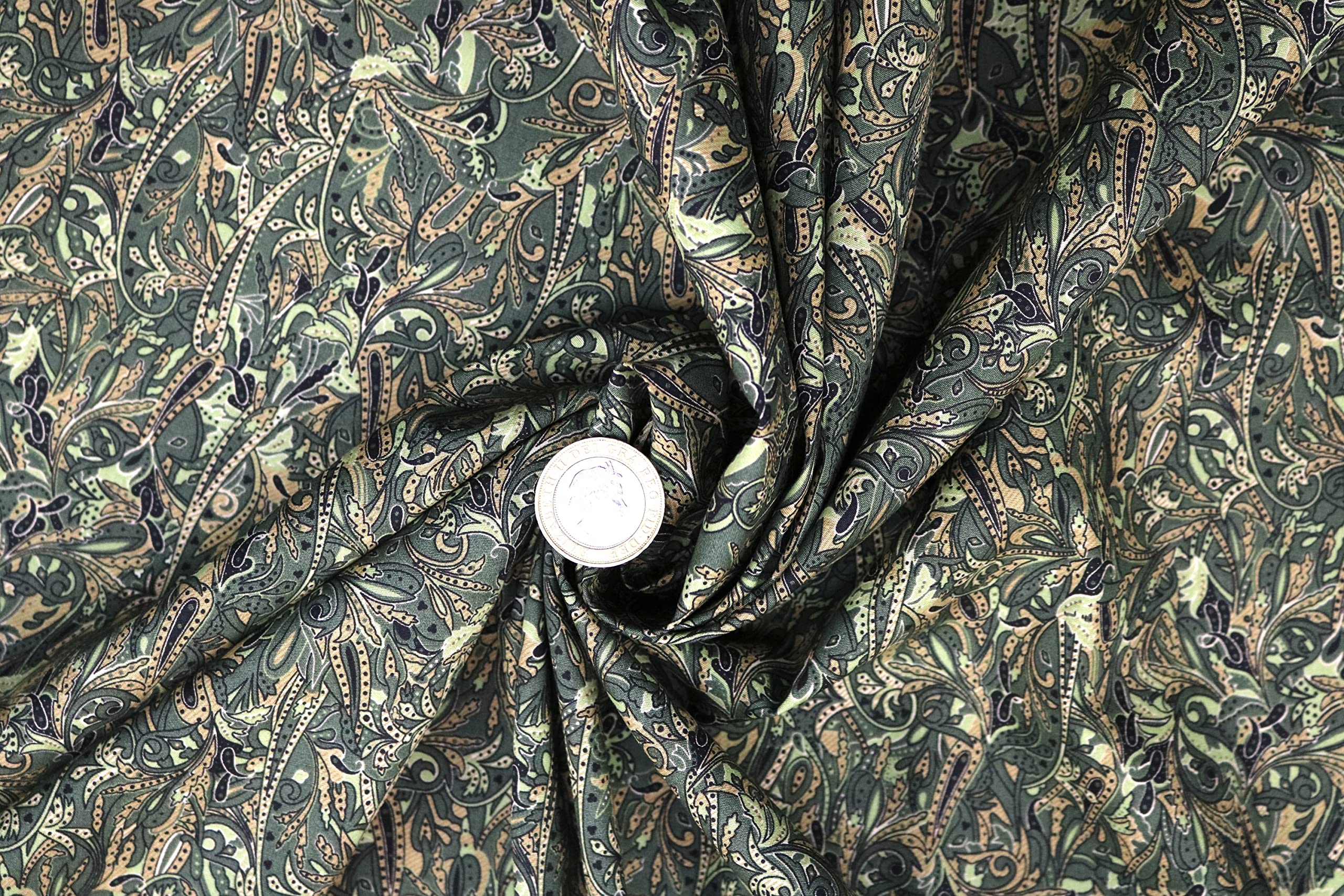 Pyrhan 100% Cotton Fabric By Rose & Hubble | Paisley with Leaves Printed Cotton Fabric By The Metre UK | 45 inches (114 cm) | Crafting Fabric & Dressmaking Fabric | Dress Fabric Material (Green)
