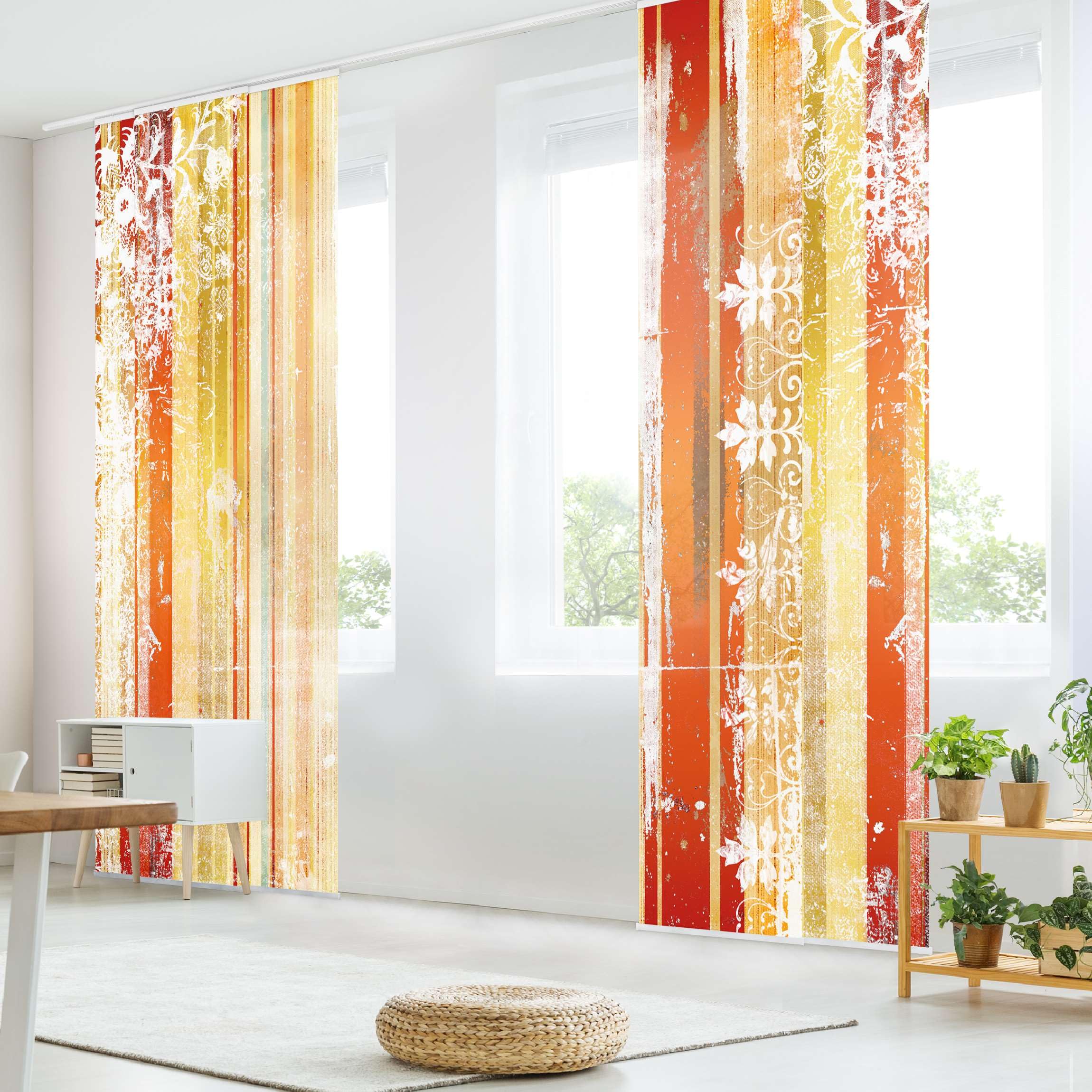 Schiebegardine halbtransparent 60er Paneel Klett Muster Textil lichtdurchlässig - Motiv Modern Flächenvorhang Wohnzimmer Schlafzimmer 1663 (300x250 cm - 5er Set)