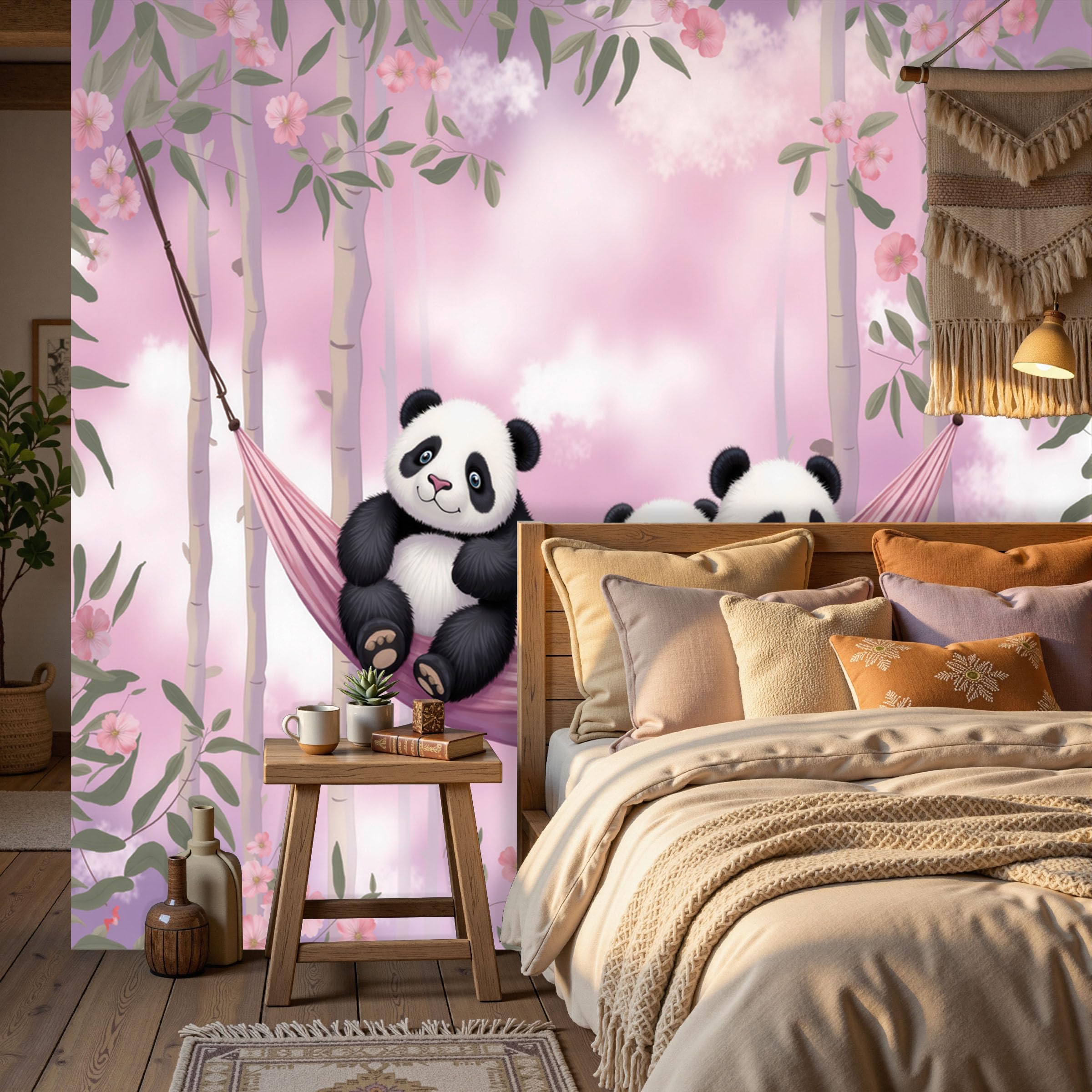 Carta da Parati no Adesiva Muro Fiori e nuvole Carta da Parati Camera da Letto Panda animale per Home DIY Decoration Wall no Adesiva rosa Muro 350x256cm