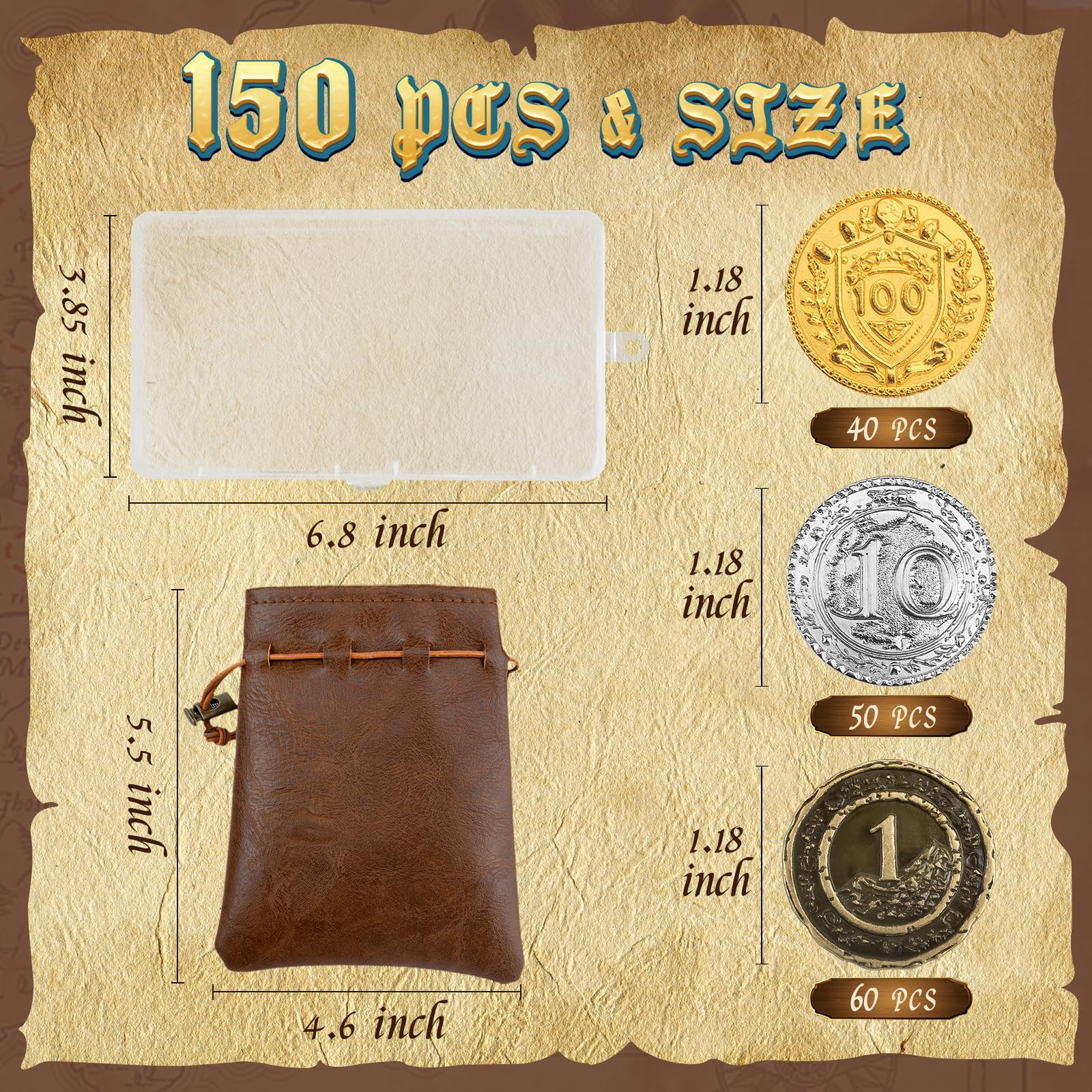 Byhoo 150 metalowych monet DND, 1,2", złote, srebrne, miedziane, o wartości nominalnej, do gry planszowej i RPG, Fantasy metalowe monety dla piratów, do zabawy, na imprezę, cosplay