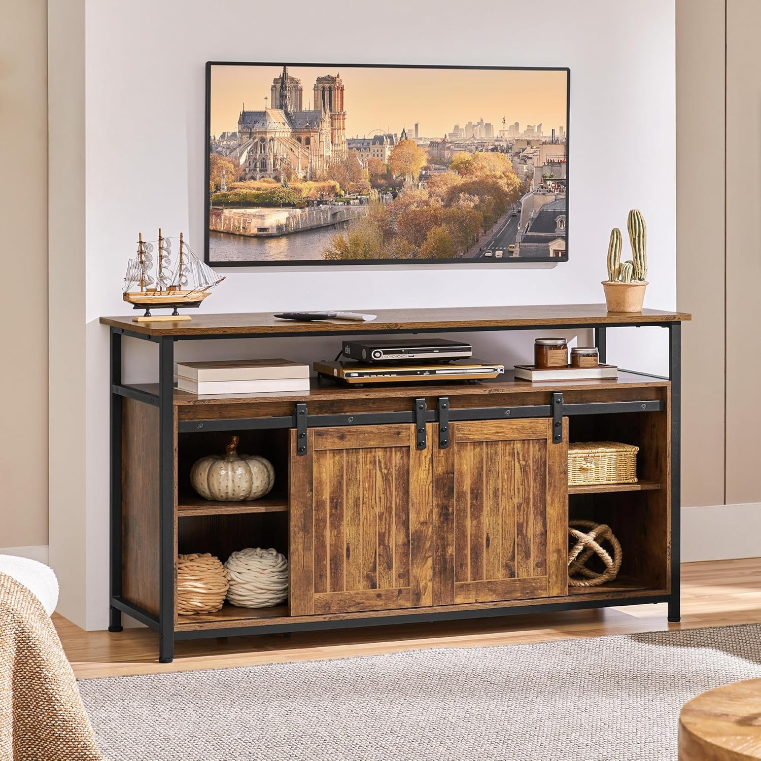 Topeakmart Farmhouse TV Stand for 65 in TV, Tall Entertainment Center w/Sliding Barn Doors & Open Storage Cabinets, Industrial TV Cabinet for Living Room, Rustic Brown, 55 Inch