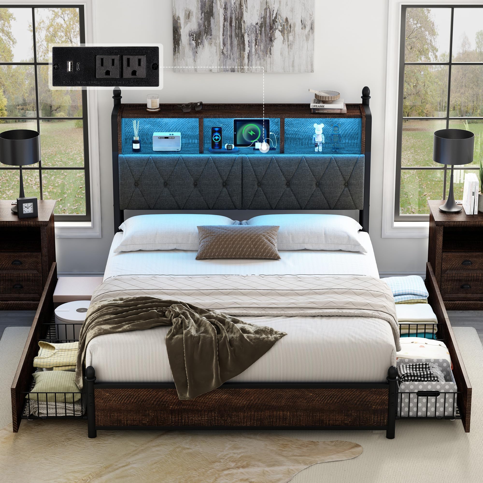 AMERLIFE Queen Size Bed Frame with Bookcase Headboard, 4 Storage Drawers, Wooden Platform Bed with Charging Station & LED Light, No Box Spring Needed, Noise-Free, Rustic Brown
