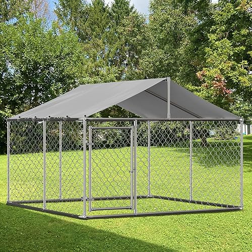 Miniatura 9 de Perrera grande para perros al aire libre, recinto de acero galvanizado resistente con cubierta impermeable resistente a los rayos UV, cadena de