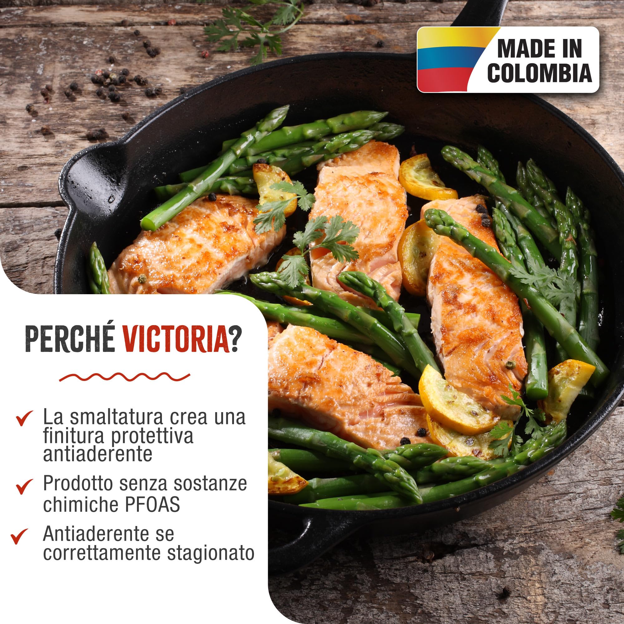 VICTORIA Padella in Ghisa Smaltata Induzione da 30cm, Adatta per, Fuoco, Barbecue, Forno, Vetroceramica e Gas, Cast Iron Skillet Senza Sostanze Tossiche, Senza PTFE e PFOA