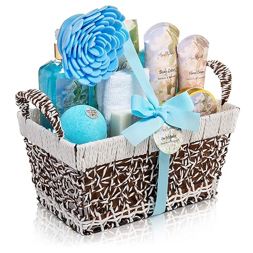 Miniatura 8 de Cestas de spa para mujer, juego de baño de lujo con jazmín y lavanda, kit de spa incluye lavado, baño de burbujas, loción, sales de baño, exfoliante