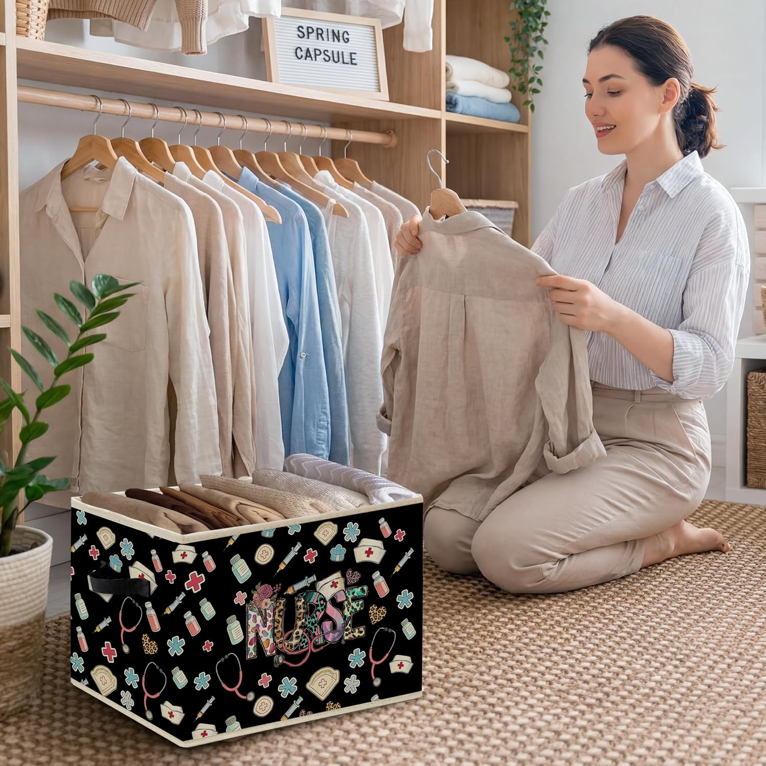 Black Leopard Nurse Foldable Storage Bins Box with Handles, Nurse Appreciation Gifts Collapsible Organizer Basket for Nursing Medical Office Home Bedroom Clothes Books
