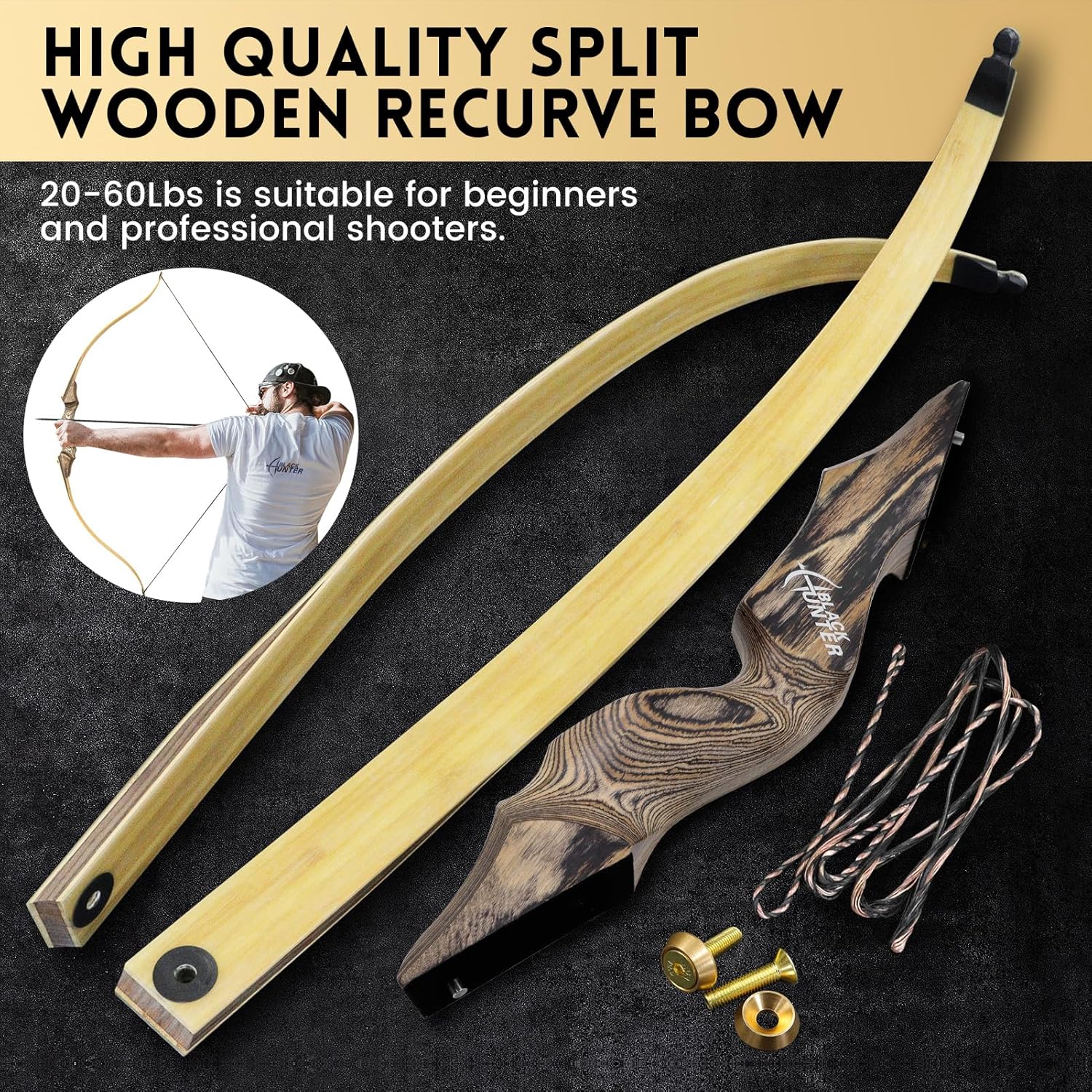 oubert Black Hunter Recurve Bow 60 Inch 20-60 Lbs Takedown Bow Right Hand Hunting Bow and Arrow Set with Bow String Silencers Archery Bow for Adults Hunting Target Practice