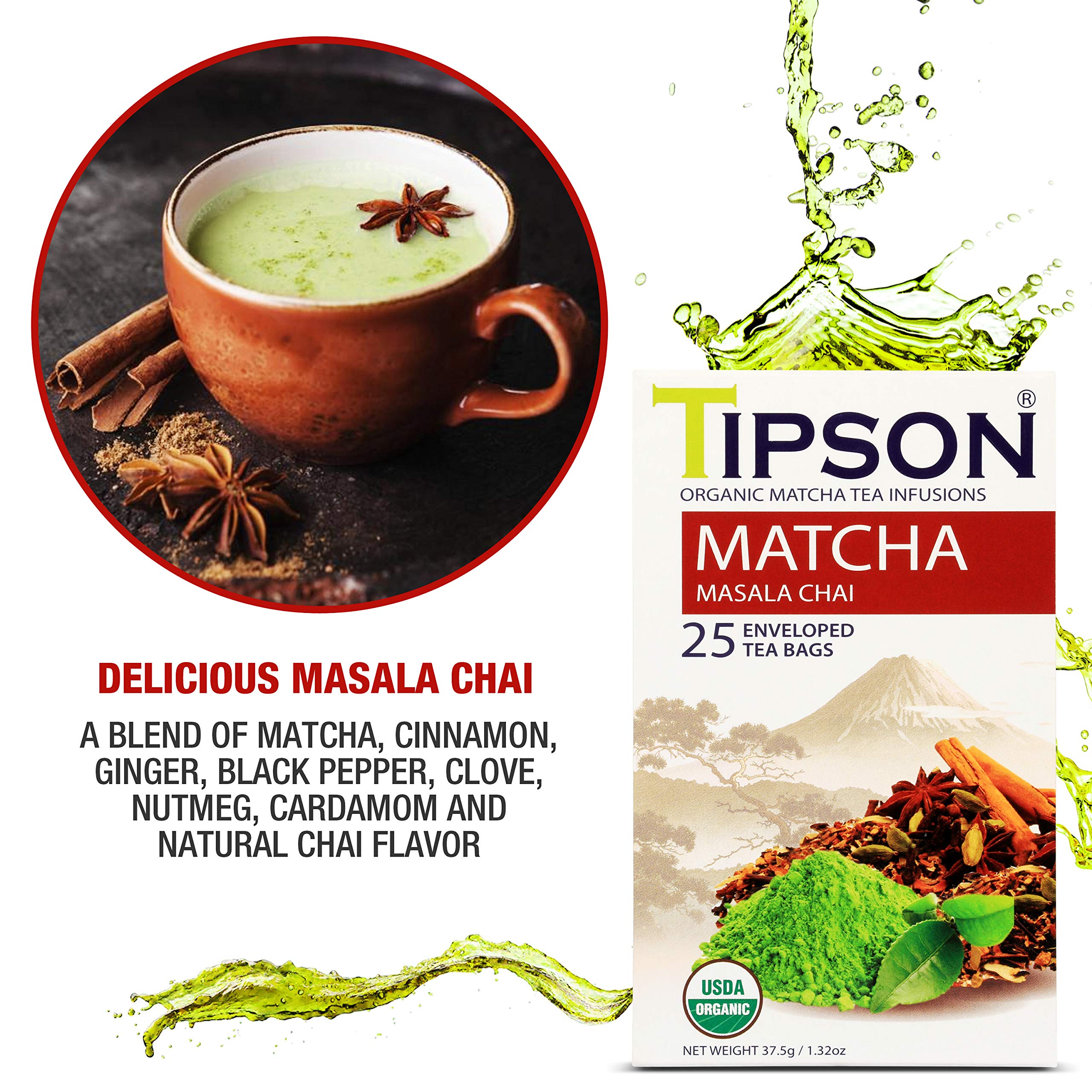Tipson Organic Matcha Tea Infusions - Matcha Masala Chai - Non GMO and Gluten Free - 25 Premium — view 2