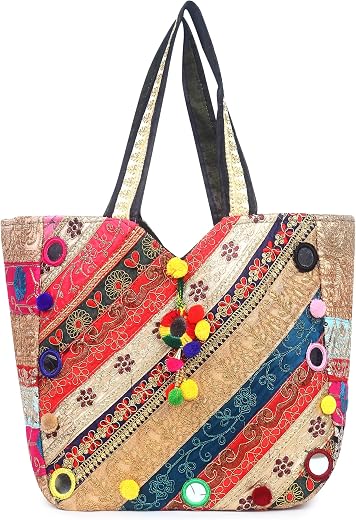 Shanvi handicraft Women's Rajasthani Jaipuri Bohemian Art Tote Bag (Multicolour, Large)