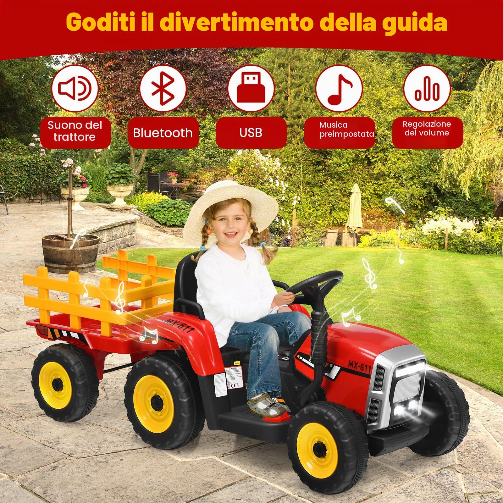 RELAX4LIFE Trattore Cavalcabile per Bambini, Trattore Ricaricabile con Rimorchio, Giocattolo Elettrico, Verde/Rosso, 136,5 x 51 x 52 cm (verde) (ROSSO)
