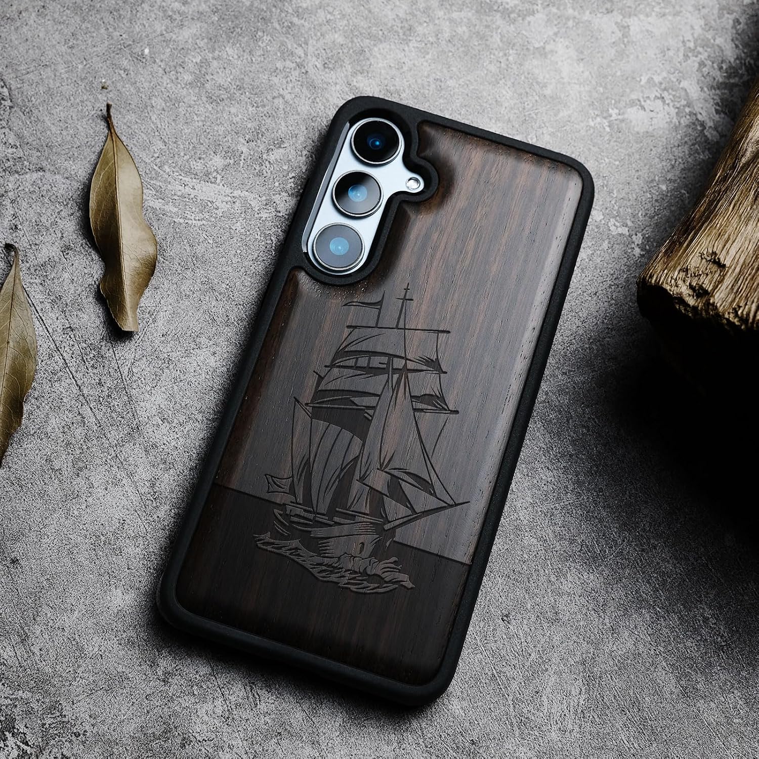 Carveit Wood Case for Galaxy S24 FE Case [Natural Wood & Black Soft TPU] Shockproof Protective Cover Unique Wooden Design Compatible with S24 FE (Sailing Spirit-Blackwood)