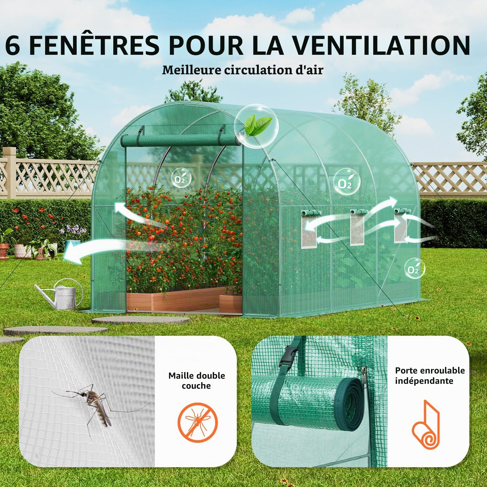 VEVOR Serre Tunnel Jardin, 345x195x192 cm, Tente Abri Plantes avec Cadre en Acier Galvanisé, Couverture en PE Verte, Porte à Glissière Enroulable, 6 Fenêtres, pour Extérieur Cultiver Légumes Fleurs