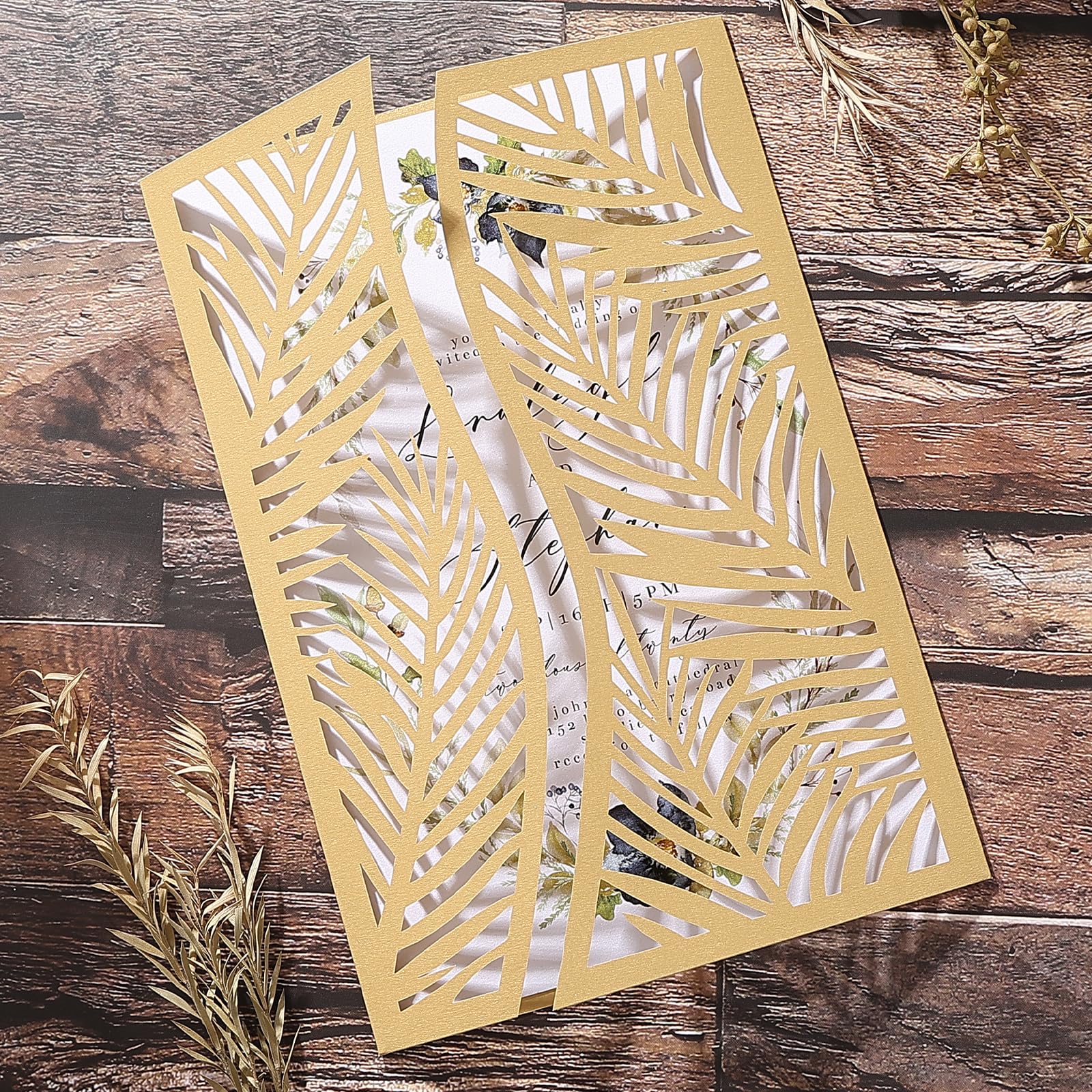 50Pcs Gold Laser Cut Invitations with RSVP Cards and Envelopes Leaf Fall Wedding Invitation Pocket with 250GSM Pearl Paper Insert for Wedding 50th