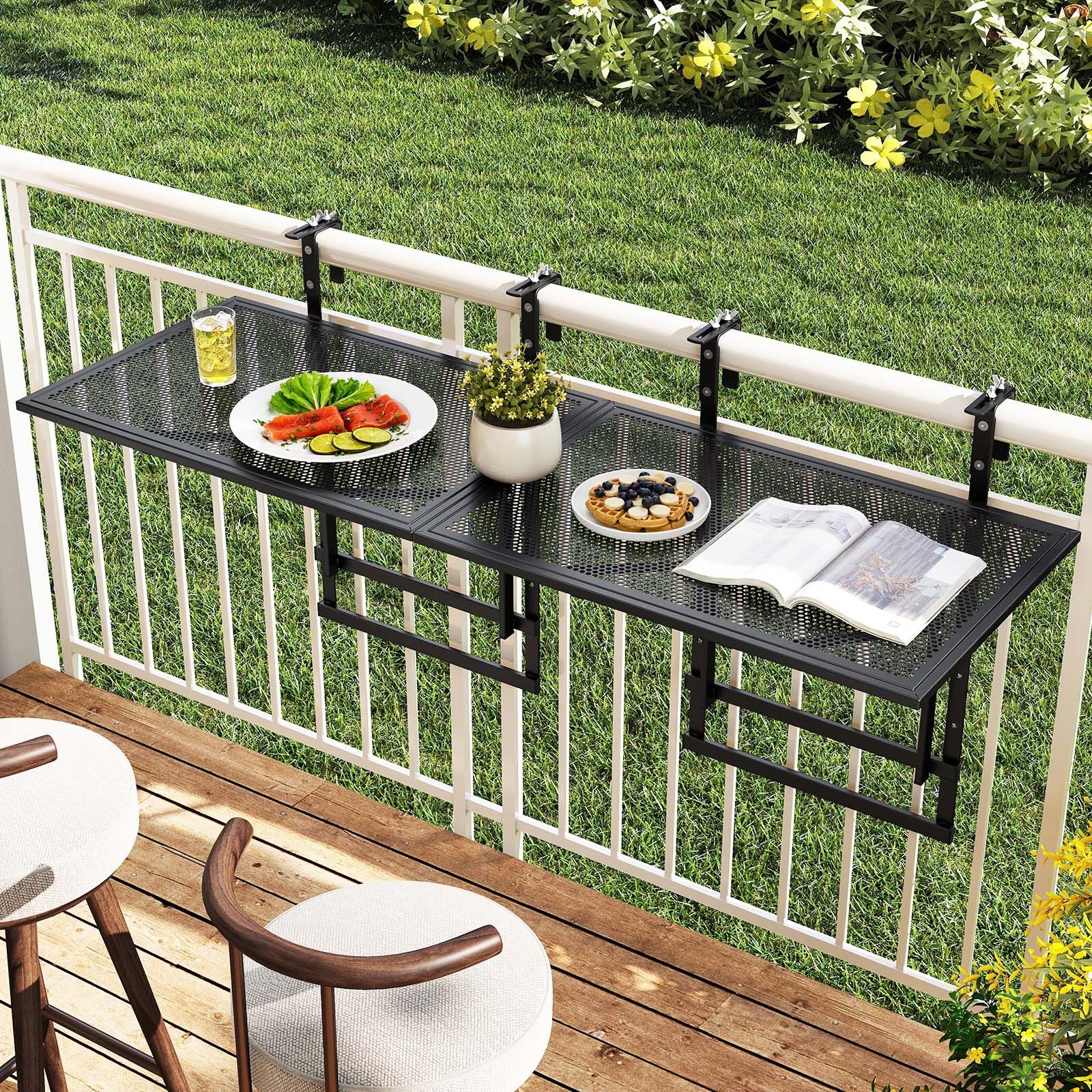 GIANTEX Set di 2 Tavolini da Balcone Pieghevoli, 121 x 41 x 60-80 cm | Tavolo da Ringhiera in Metallo con Ampio Ripiano, 5 Livelli di Regolazione in Altezza, Tavolo Sospeso Richiudibile