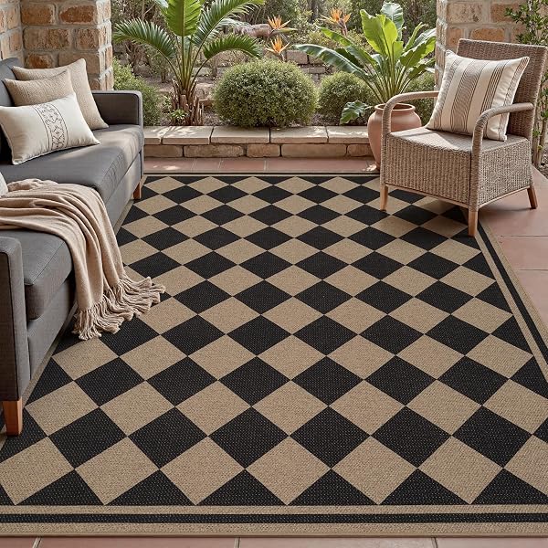 Easy Jute Outdoor Rug-Indoor Outdoor Area Rug Farmhouse Patio Carpet for Backyard Patio Porch Textured Easy-Cleaning High Traffic Pet-Friendly Non-Shedding Black 4x6 FT - 1