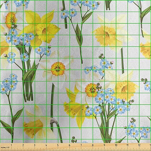 Miniatura 3 de Lunarable Daffodils Fabric by The Yard, Forget Me Not Flowers and Daffodil Blossom Leaf Bouquet Spring Garden, Decorative Satin Fabric for Home