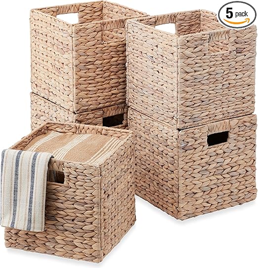 Best Choice Products 12x12in Hyacinth Baskets, Rustic Set Of 5 Multipurpose Collapsible Storage Organizer, Handwoven Laundry Totes for Bedroom, Living Room, Shelves w/Inserts - White