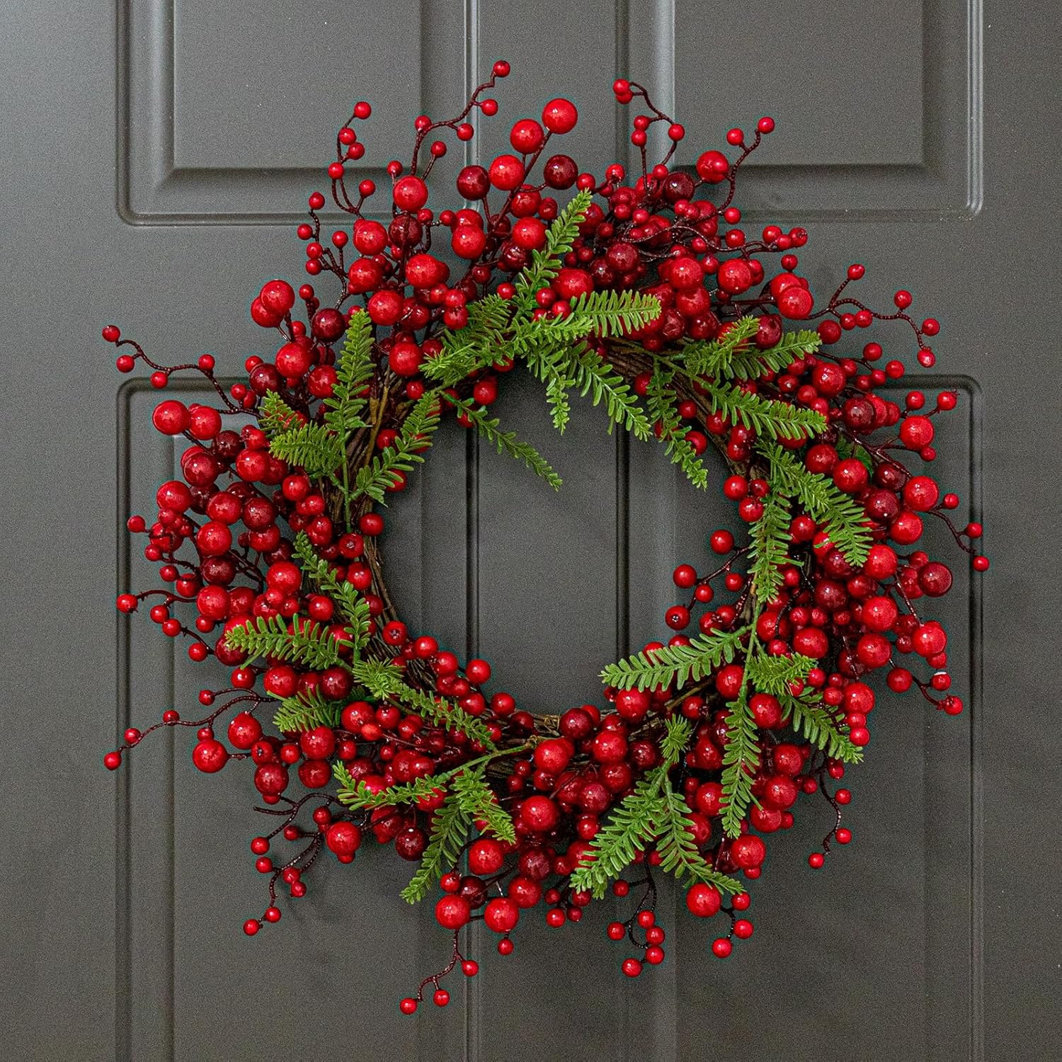 J'FLORU Artificial Christmas Wreath 20 Inch Chirstmas Wreaths for Front Door Red Berry Wreath with Pine Needles for Porch Fireplace Xmas Winter Holidays - Image 5
