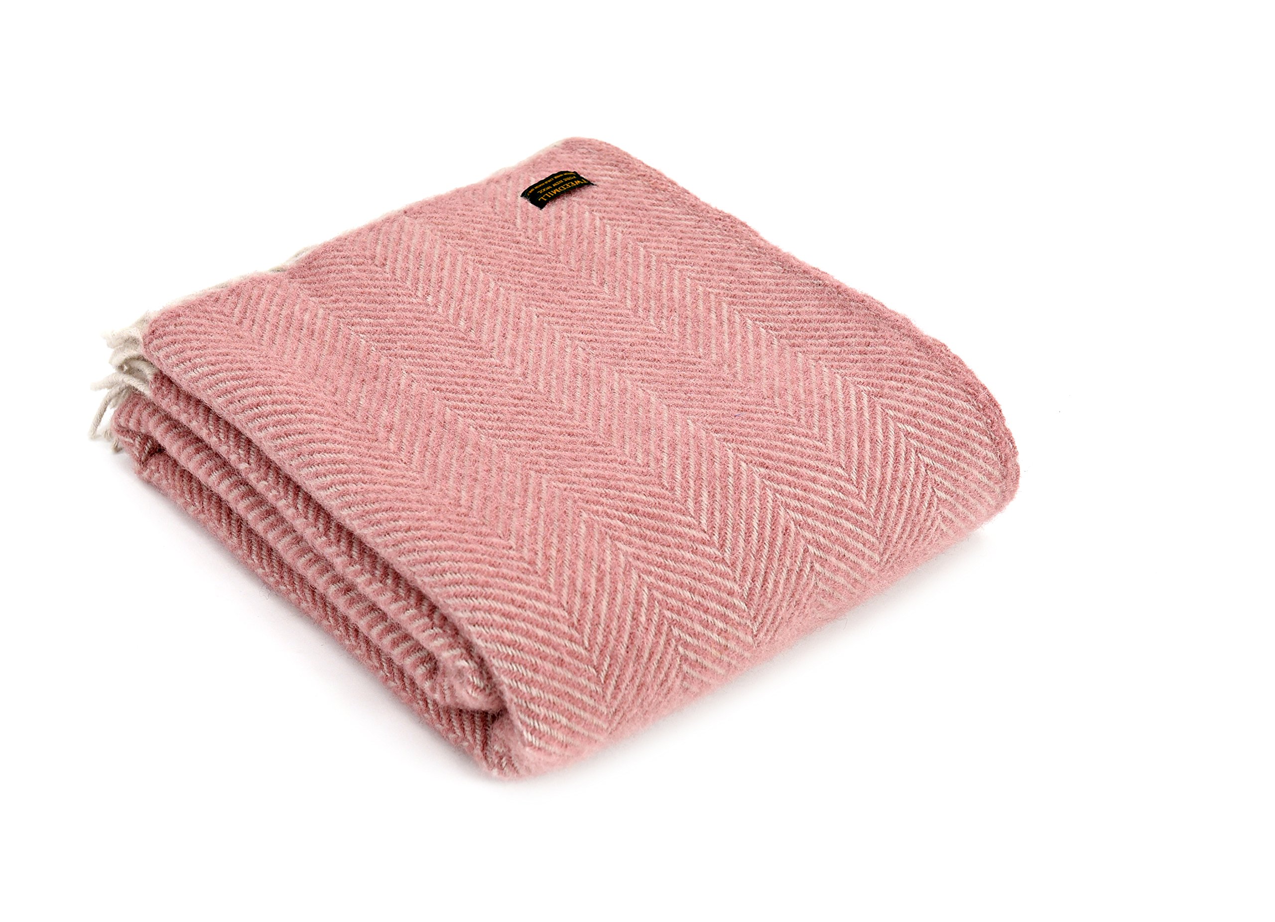 Tweedmill British-Made Herringbone Wool Throw - Dusky Pink & Grey - Large 183cm x 150cm