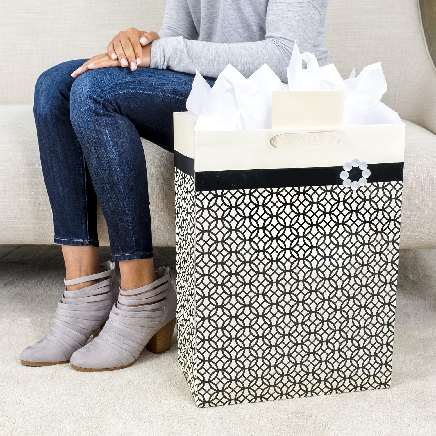 Hallmark Mega Gift Bag with Tissue Paper (Black, Ivory and Gold, Endless Circles)
