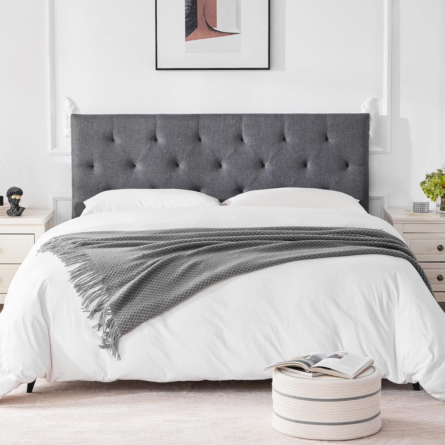 Linen Upholstered Headboard Queen Size, Modern Diamond Tufting Solid Wood Queen Headboard Only, Adjustable Height from 37” to 51” Head Board, Bed Frame or Wall Mount Headboards, Light Grey