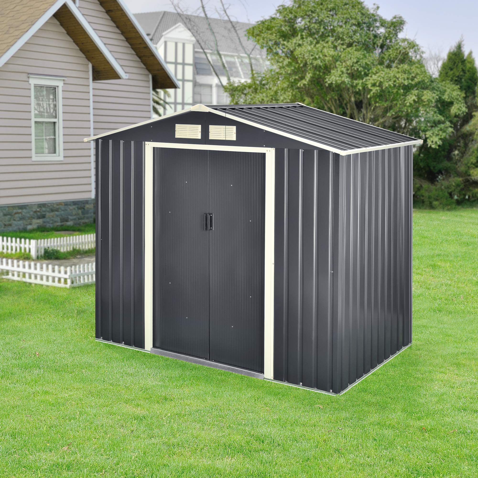[en.casa] Abri de Jardin 4 m³ Robuste Cabane de Stockage Extérieur Cabane à Outils Toit à Pignon Tôles en Acier Galvanisées Gris Foncé