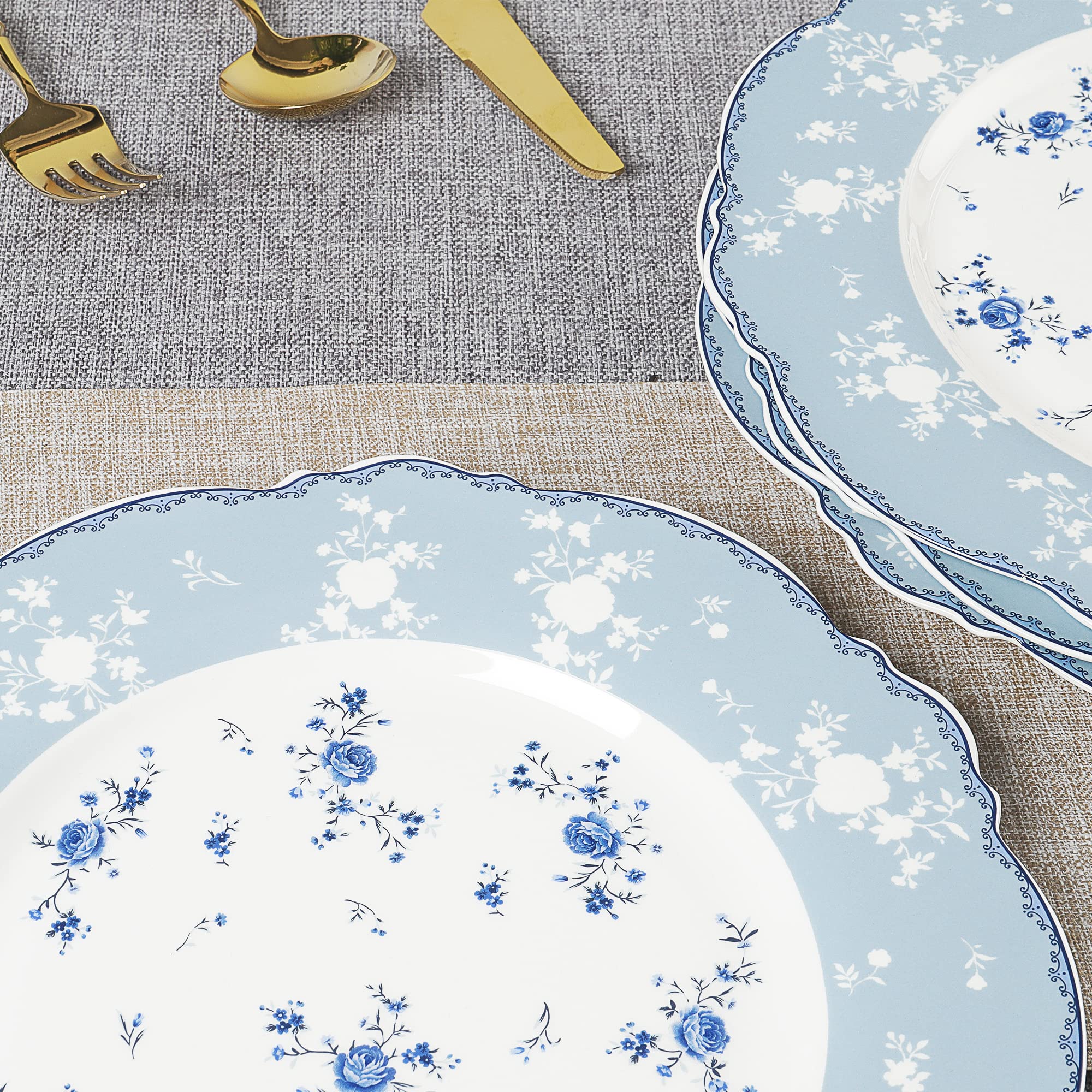fanquare Juego de 4 Platos Llanos de Porcelana, 27.5cm Platos Grande Florales Azul, Vajilla Vintage Real para Navidad Fiesta, Boda