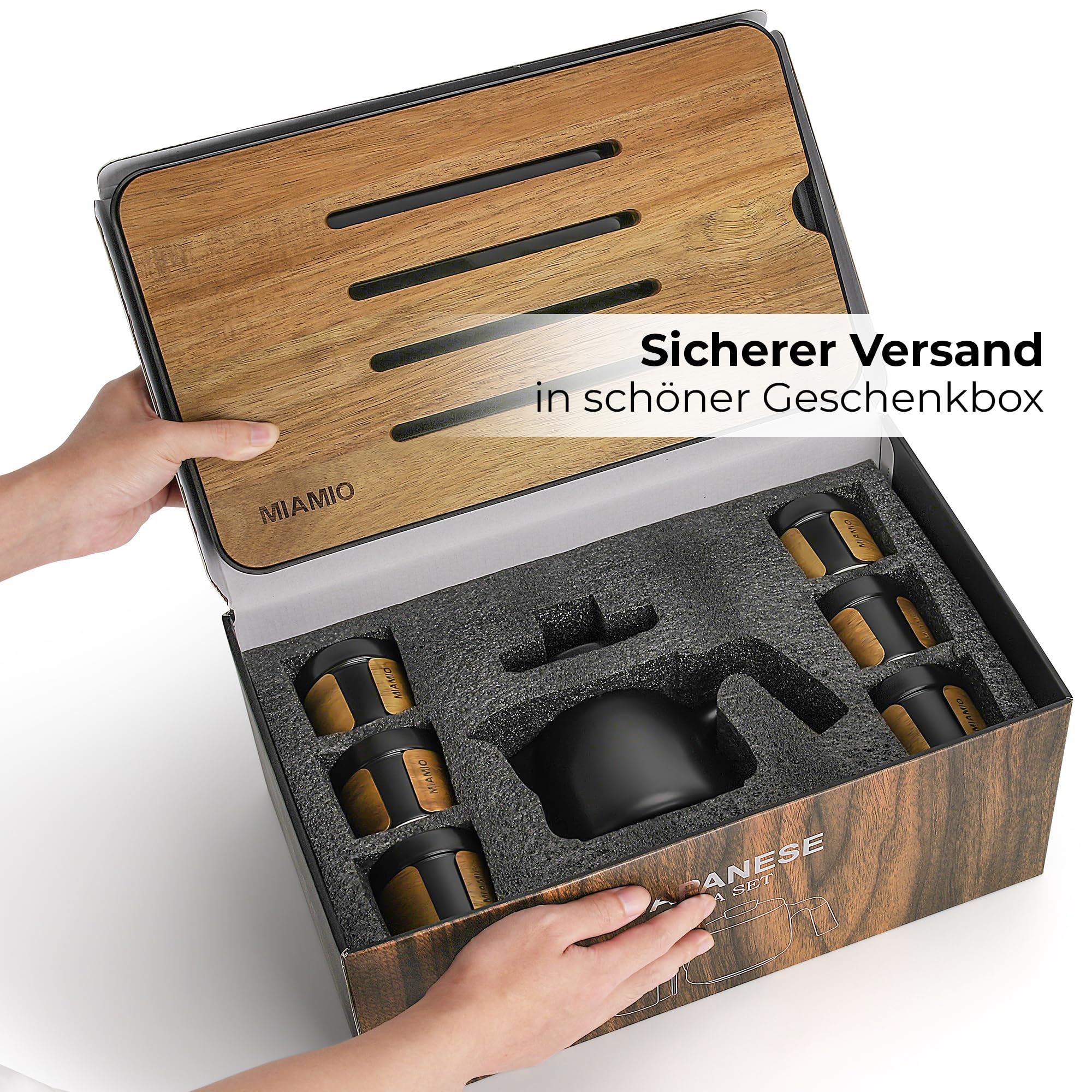 MIAMIO - Japanisches/Chinesisches Tee Set 6 x 100 ml/Asiatische Teekanne 620 ml mit Teesieb, Traditionelles Japanisches Teekanne Set für Teeliebhaber/Männer/Frauen (Schwarz)