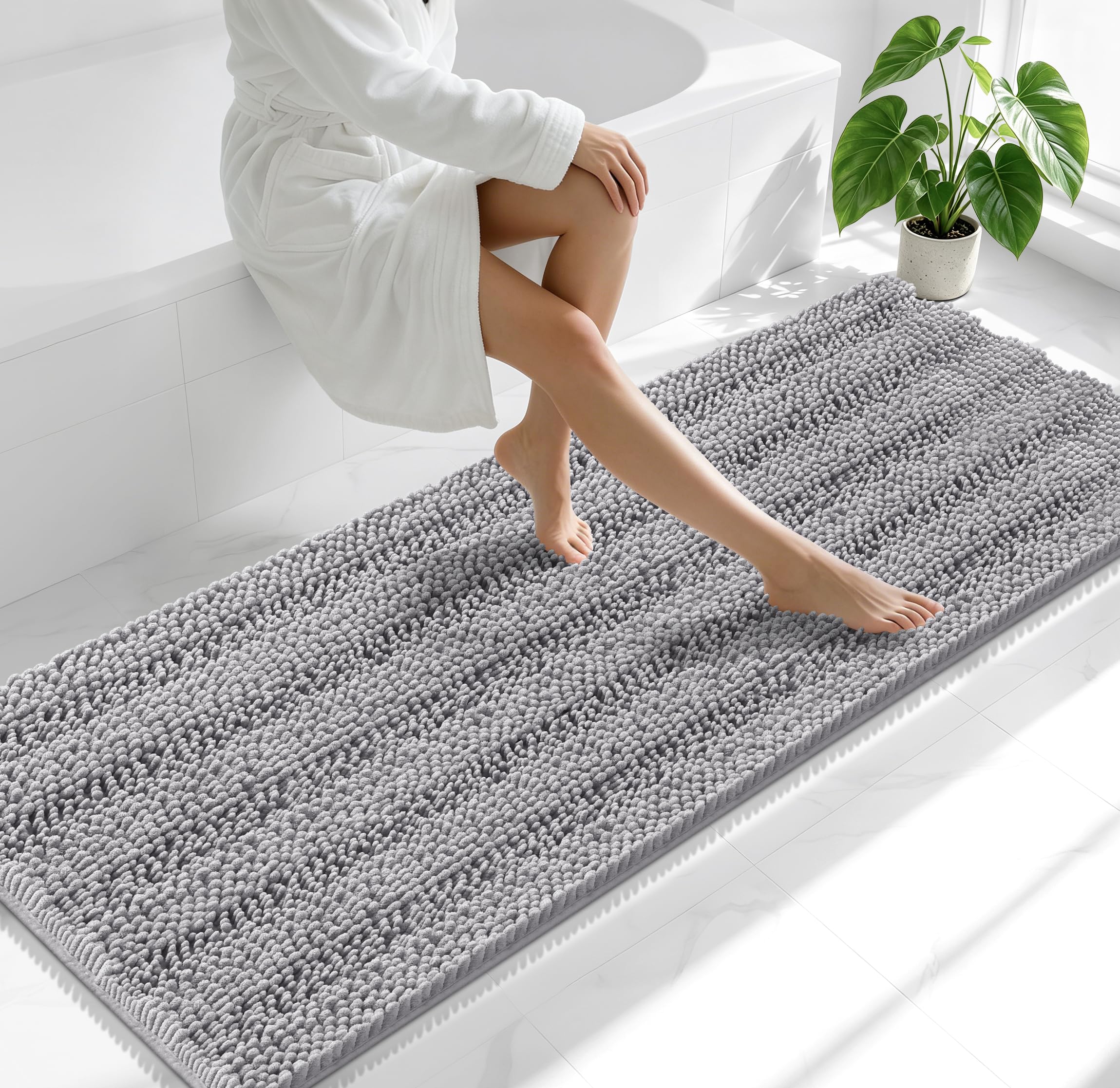 Smiry Thick Chenille Bathroom Runner Rugs 70x24, Absorbent Bath Mat, Grey