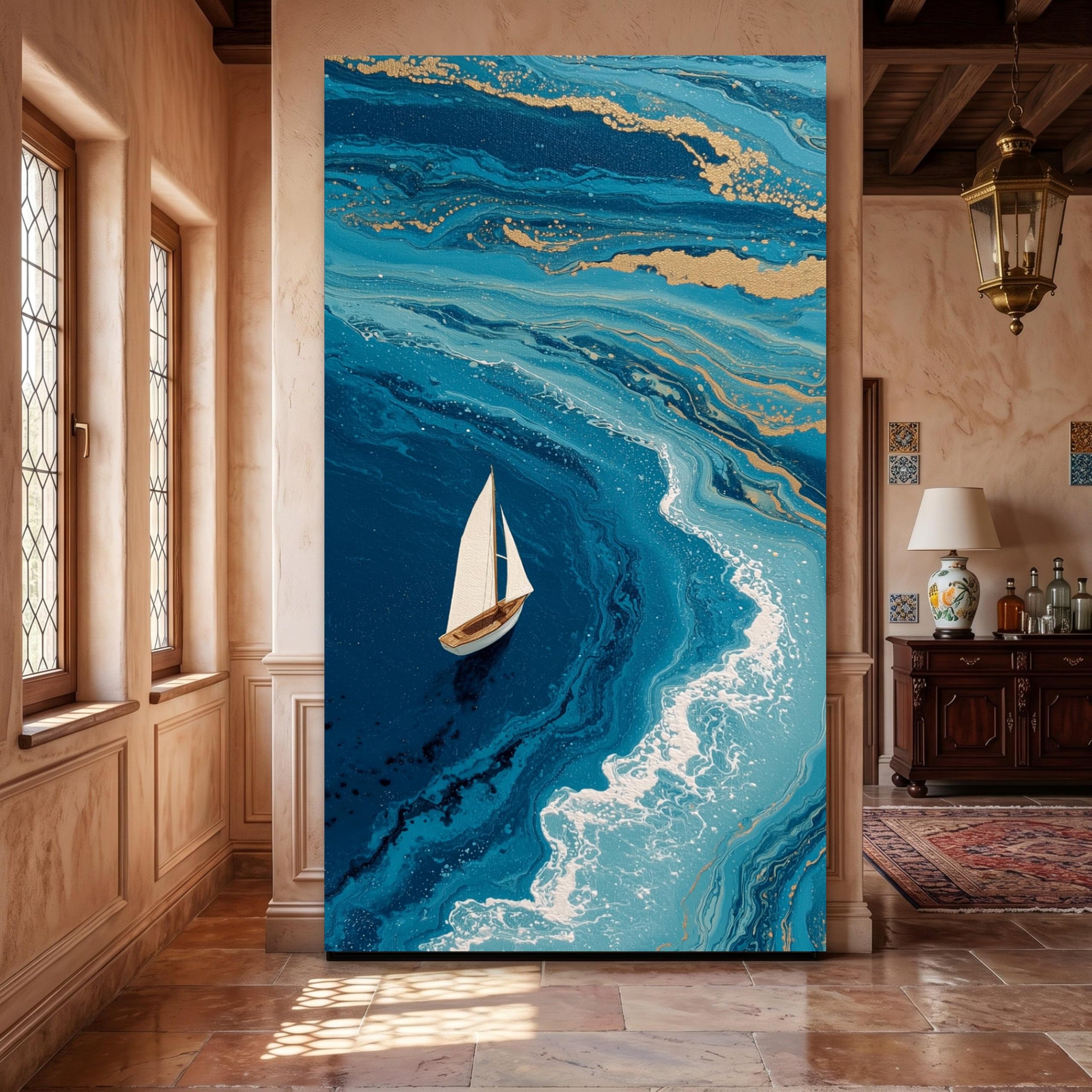 Lmycheng Frameless Sailing Adventure Canvas Wall Art, Ocean Waves Painting, Blue Sea Abstract Canvas Prints, Nautical Home Decor(65X120cm/Frameless)