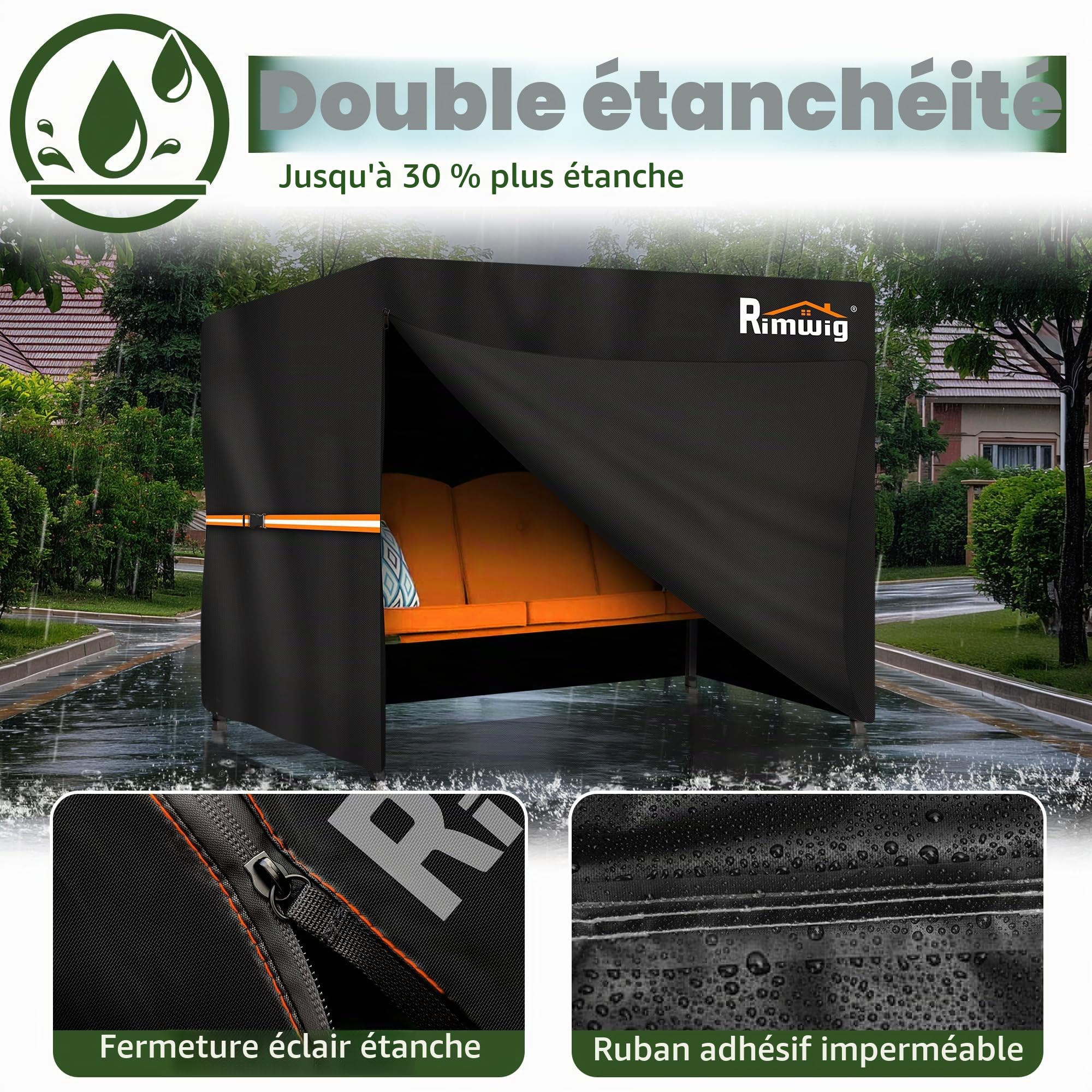 Housse de protection pour balancelle de jardin, imperméable, résistante, 2 places, pour extérieur, anti-vent, anti-UV, housse pour hamac de jardin (175 x 125 x 160 cm), noir