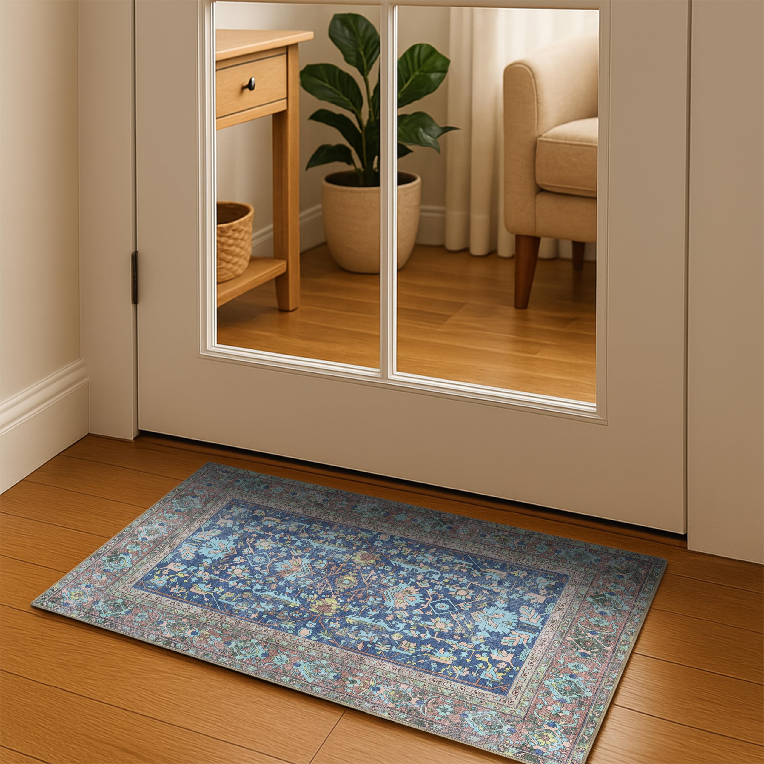 GIONARA Navy Blue Boho Oushak Rug 2x3 - Vintage Turkish Small Area Rugs for Kitchen, Non-Slip Washable Rugs for Entryway, Entrance, Bathroom, Bedroom,