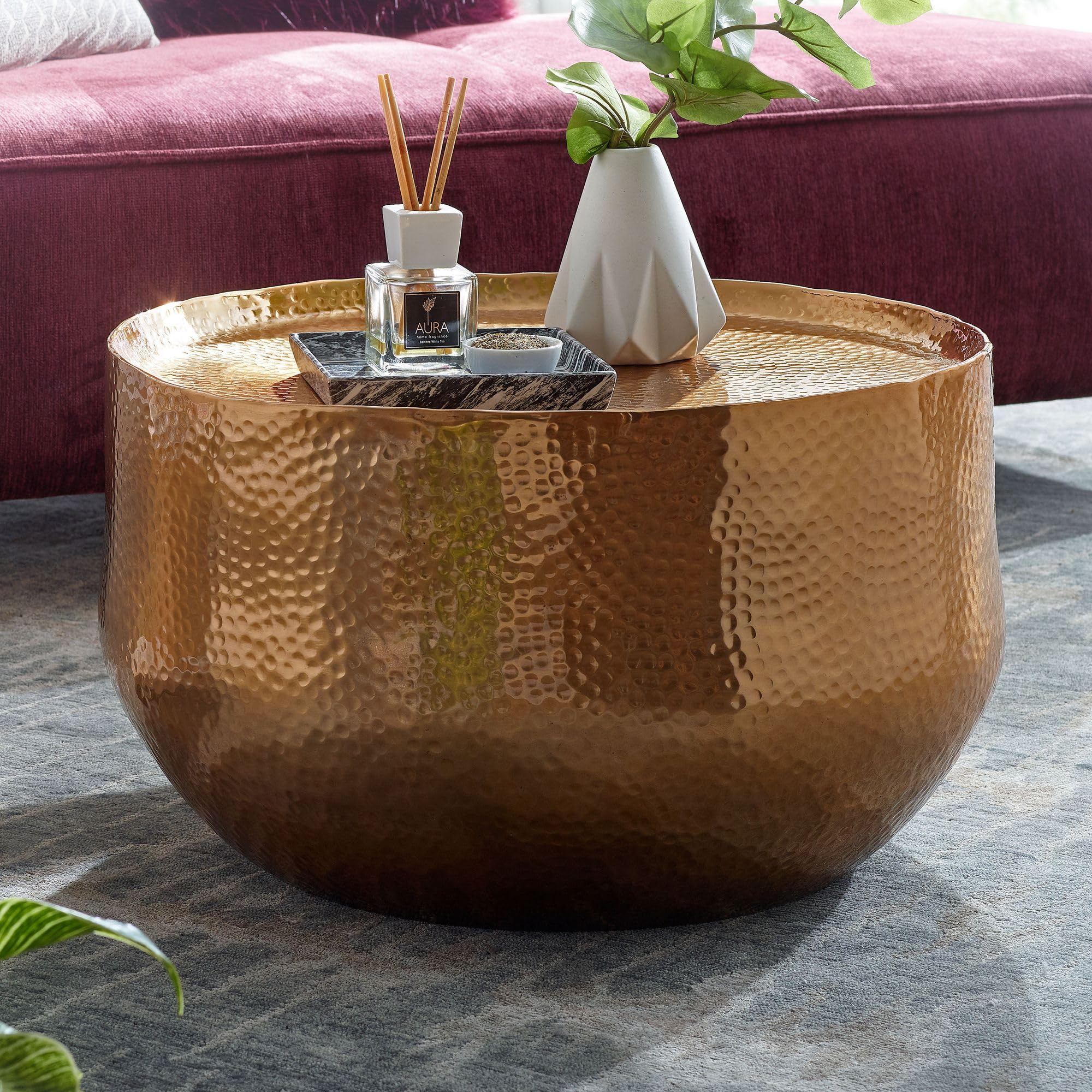 FineBuy Tavolino Rotondo 60x60x35 cm Metallo Oro, Tavolino da Soggiorno | tavolino da divano effetto martellato, orientale tavolino in alluminio, pezzo unico fatto a mano, tavolino lounge