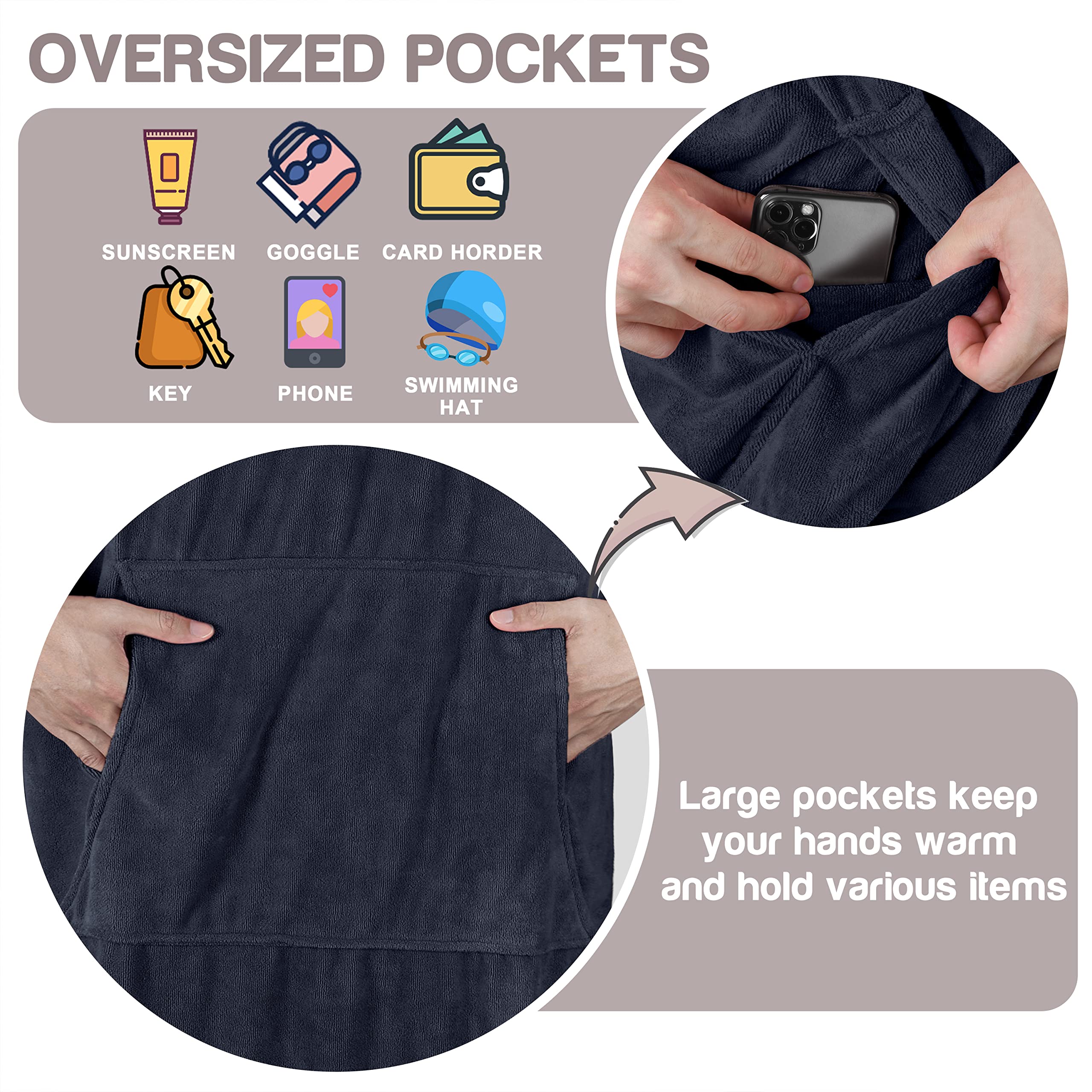 Kato Tirrinia Beach Surf Poncho con bolsillo Absorbente de agua Traje de neopreno Cambiador Sudadera con capucha Toalla Poncho Albornoz para surf Natación Baño Adulto Hombres Mujeres A prueba de arena