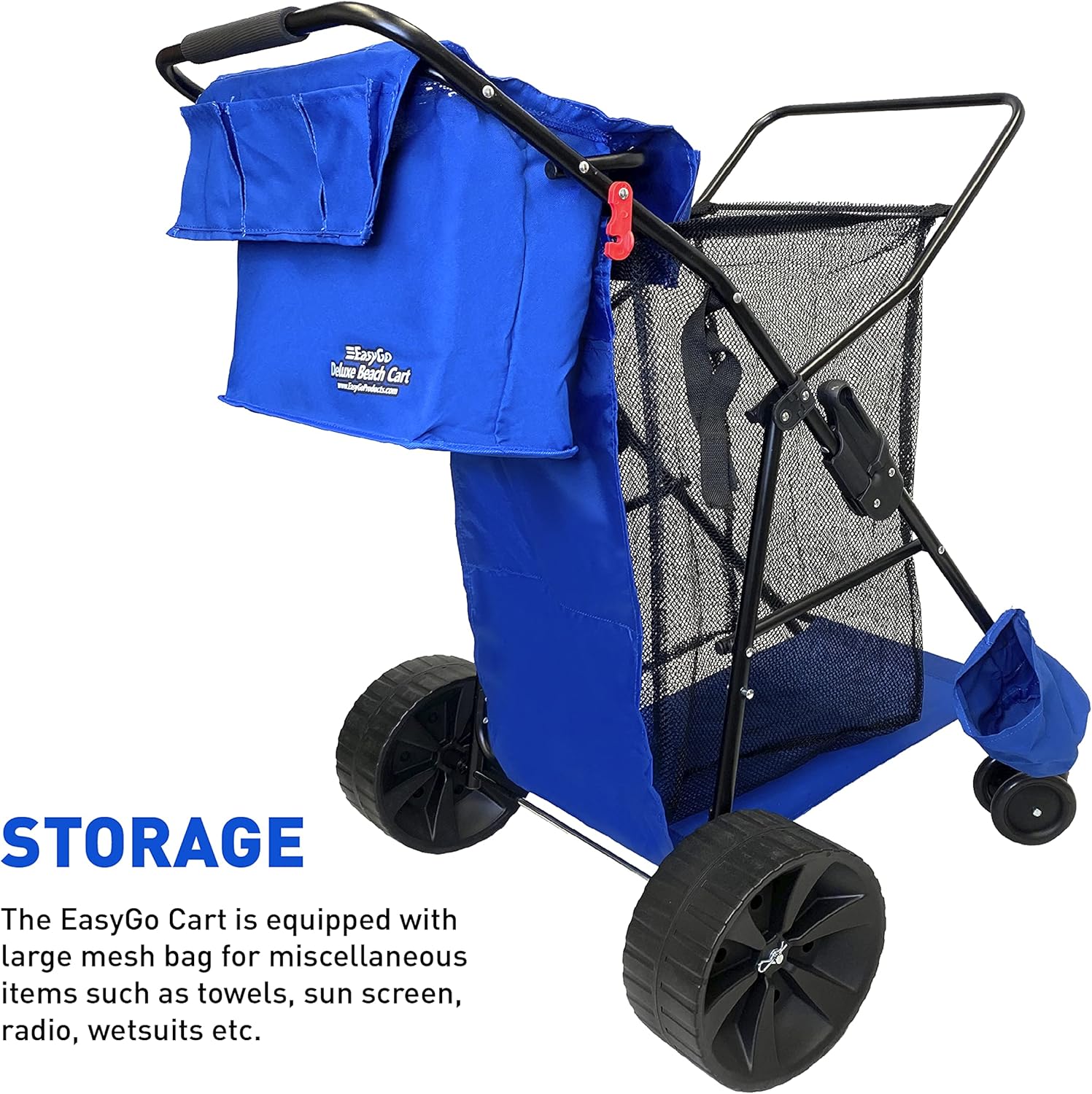 Beach Cart Deluxe Heavy Duty Folding Ocean Utility Large Sand Wheels Holds 4 Folding Chairs Umbrella Holder Removable Storage Bag – Premium Solid Blue