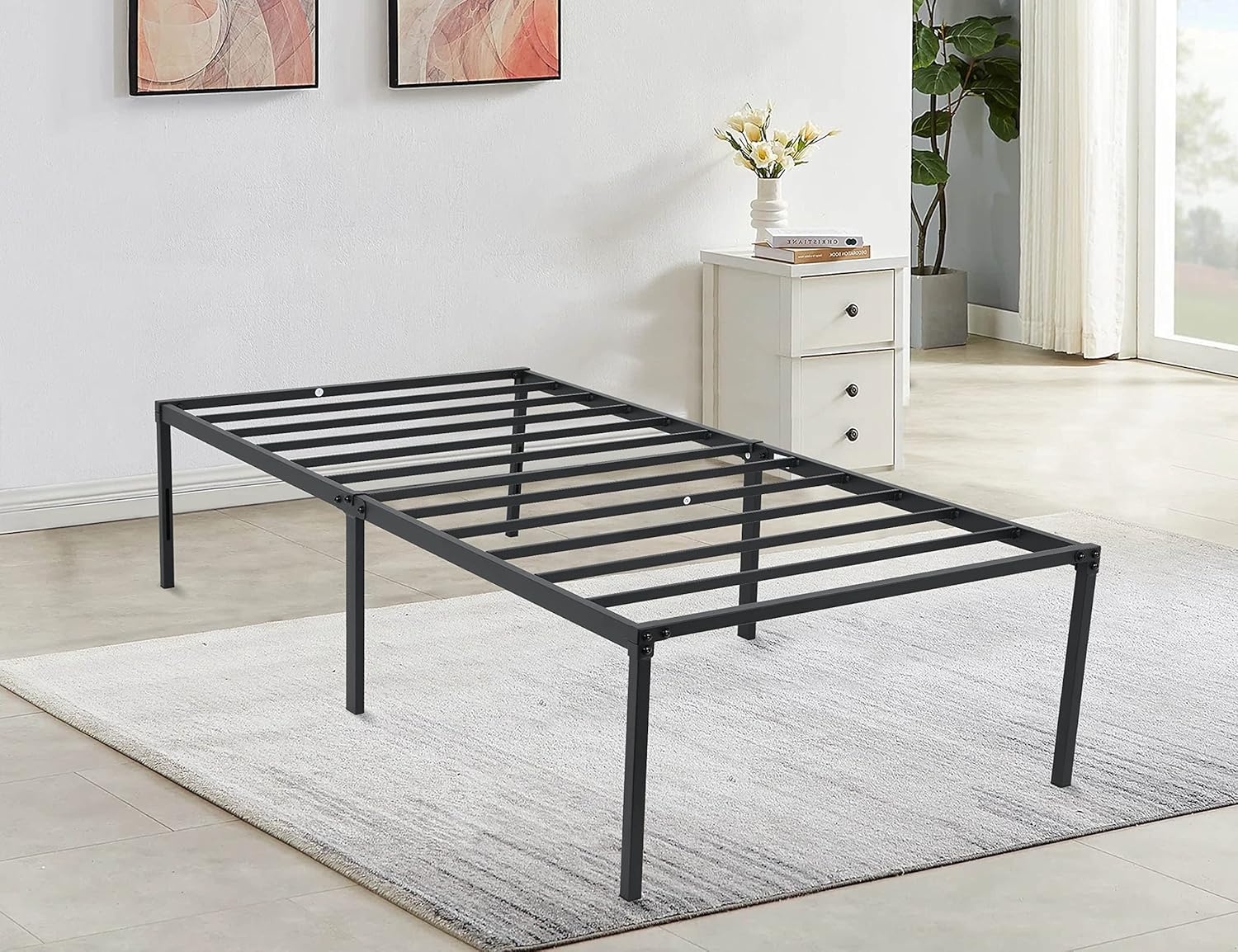 14 Inch High Twin Bed Frames Foldable Easy Assembly Twin Metal Bed Frame with Steel Slat Support & Storage Space for Bedroom Camping Tent Noise Free Twin Bed Frame No Box Spring Needed,Platform Bed
