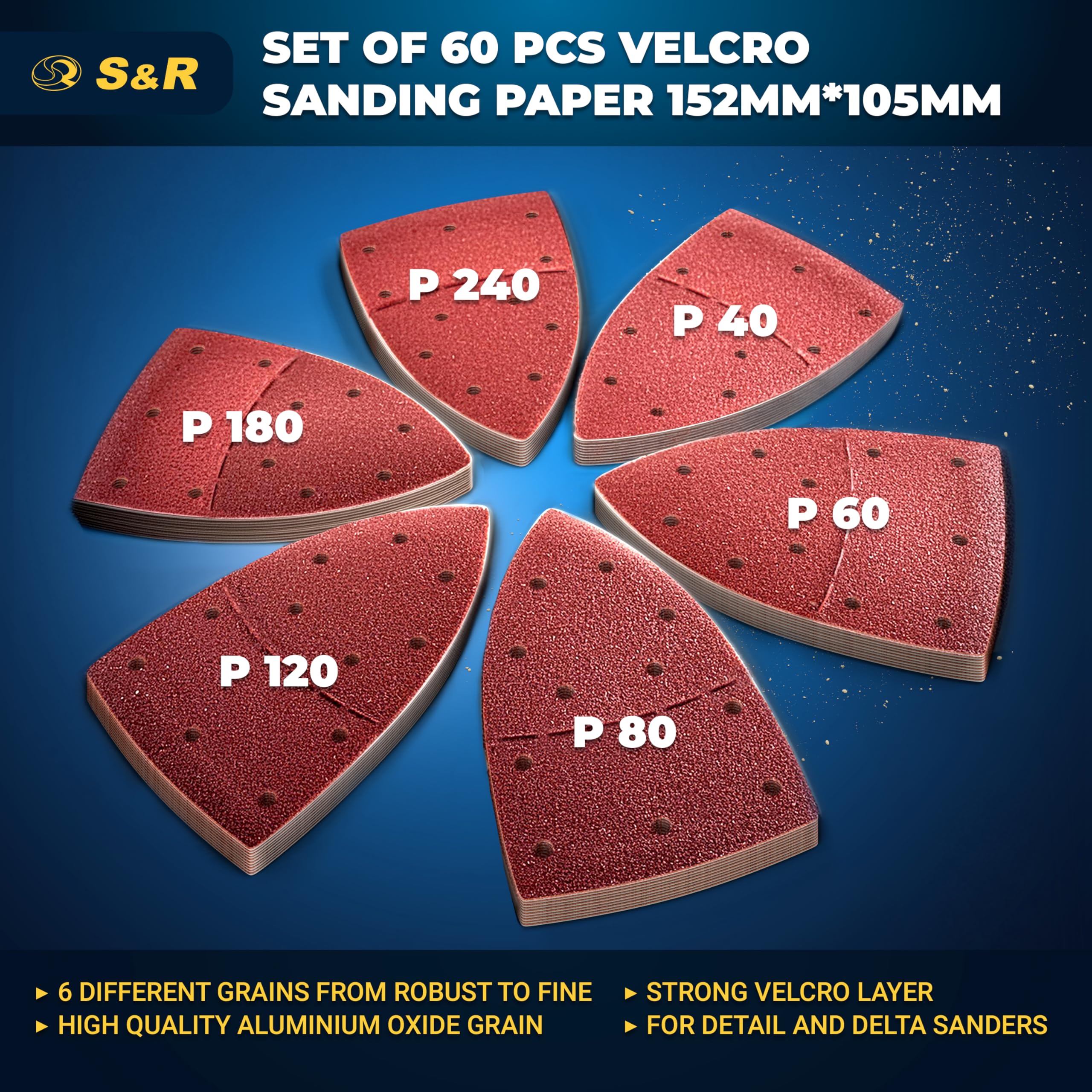S&R Zestaw papierów ściernych na rzepy 105 mm x 152 mm (93 x 93 x 93 mm), 60 szt. profesjonalnej jakości trójkątów szlifierskich, 11 otworów: 10*P40, 10*P60, 10*P80, 10*P120, 10*P180, 10*P240
