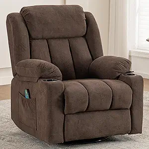 Rocker Swivel Recliner Chair for Adults, Overstuffed Large Manual Recliner Glider with Massage and Heat, Comfy Soft Fabric Living Room Reclining Sofa Chair(Cocoa)