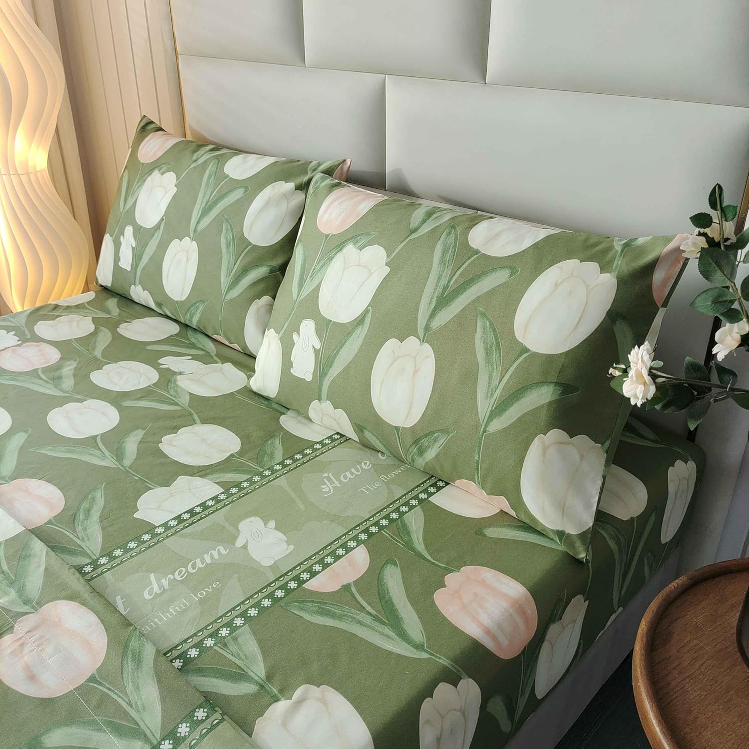 SDIII 4PCS Rabbit and Green Floral Sheets Set Full, Soft Microfiber Full Size Floral Sheets Set, Vintage Botanical Bed Sheet Flower Green - Image 7