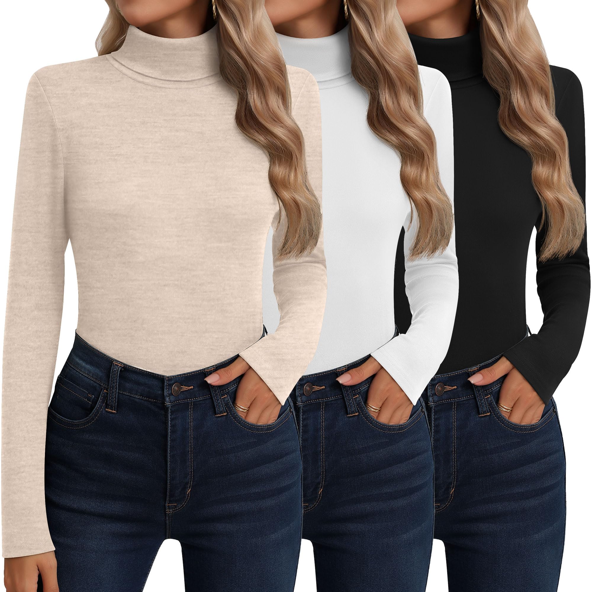 Neer 3 Pack Cotton Womens Turtleneck Long Sleeve Tops Thermal Underwear Base Layer Fall Winter Shirts Sweater