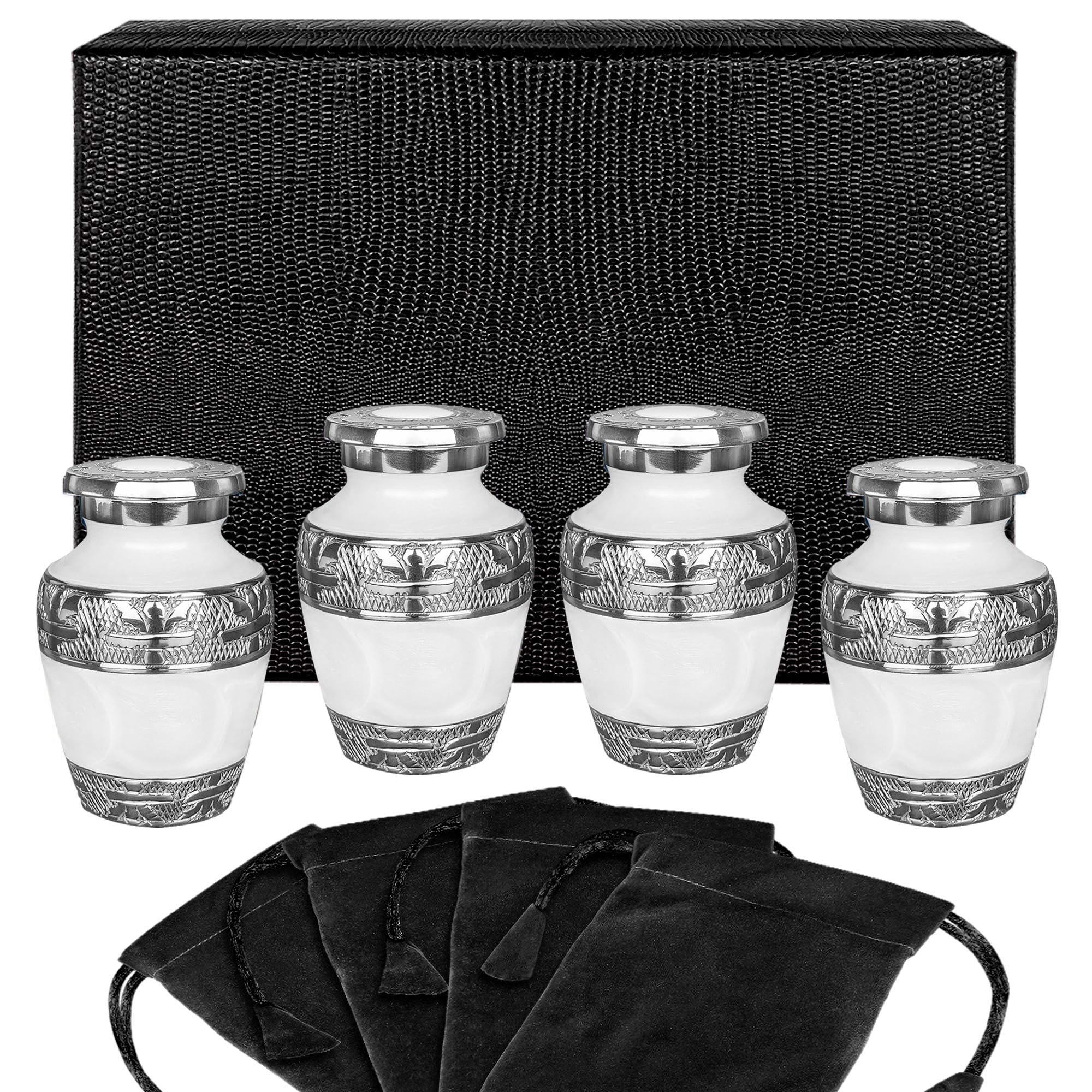 Trupoint Memorials Small Urns for Human Ashes Keepsake, Decorative Mini Cremation Urn for Adult Men & Women, Set of 4, White with Silver Lining