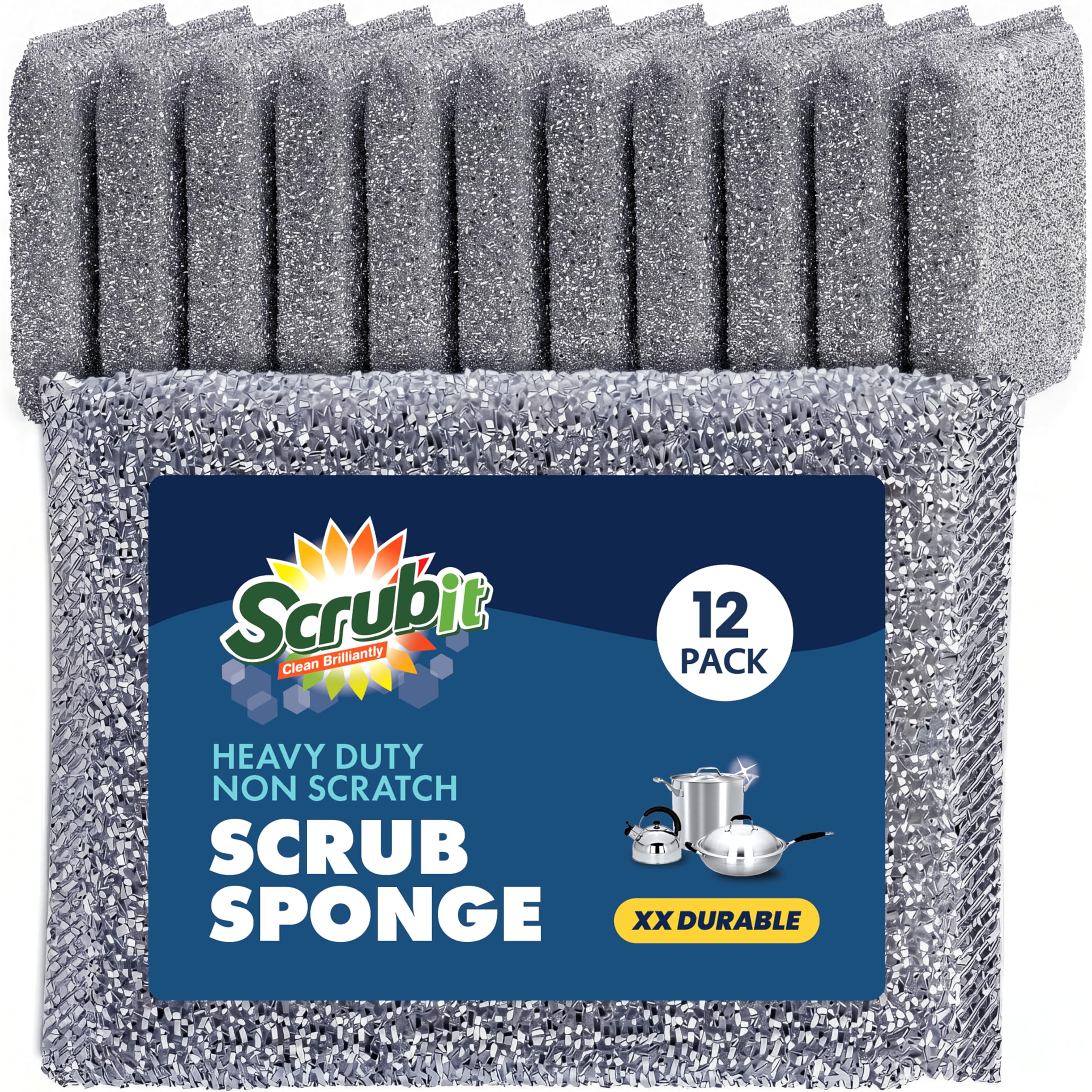 Scrubit Silver Scrub Sponges For Kitchen, Non-Scratch Dish Sponges, Heavy Duty Steel Wool Scrubber Sponges Kitchen & Dishes Scrubbers (12)
