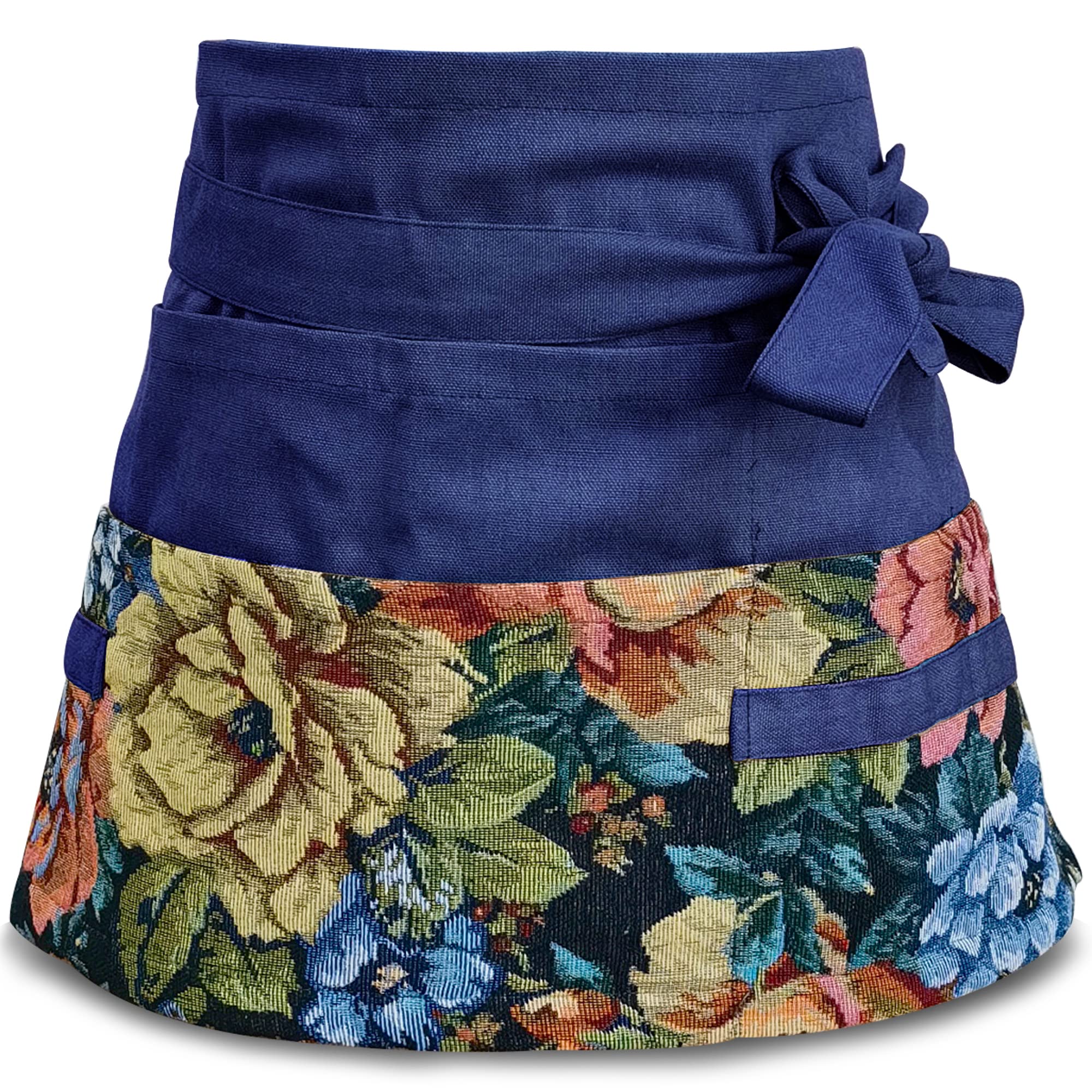 Garden Apron for Woman, Gardening Florist Apron, Half Apron with 8 Pockets and 6 Fabric Hangers for Tools or Gloves, Dark Blue