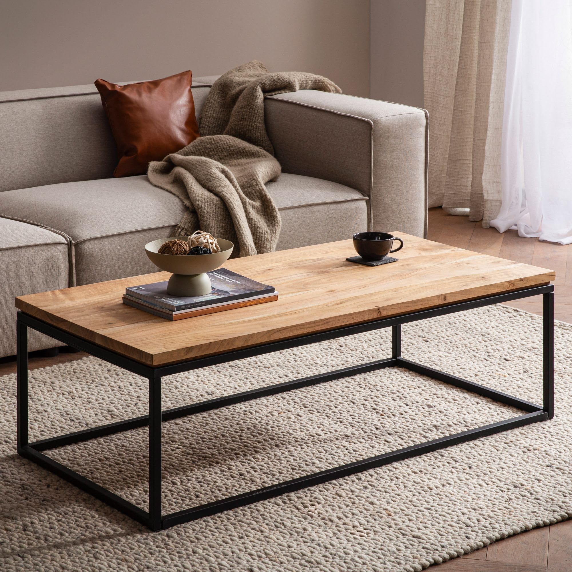 FineBuy Stolik Kawowy 120x60x40 cm Lite Drewno Akacjowe, Metalowy Stelaż | prostokątny stolik do salonu z solidnym stelażem na 4 nogach, stolik pod sofę z prawdziwego drewna, ręcznie wykonany
