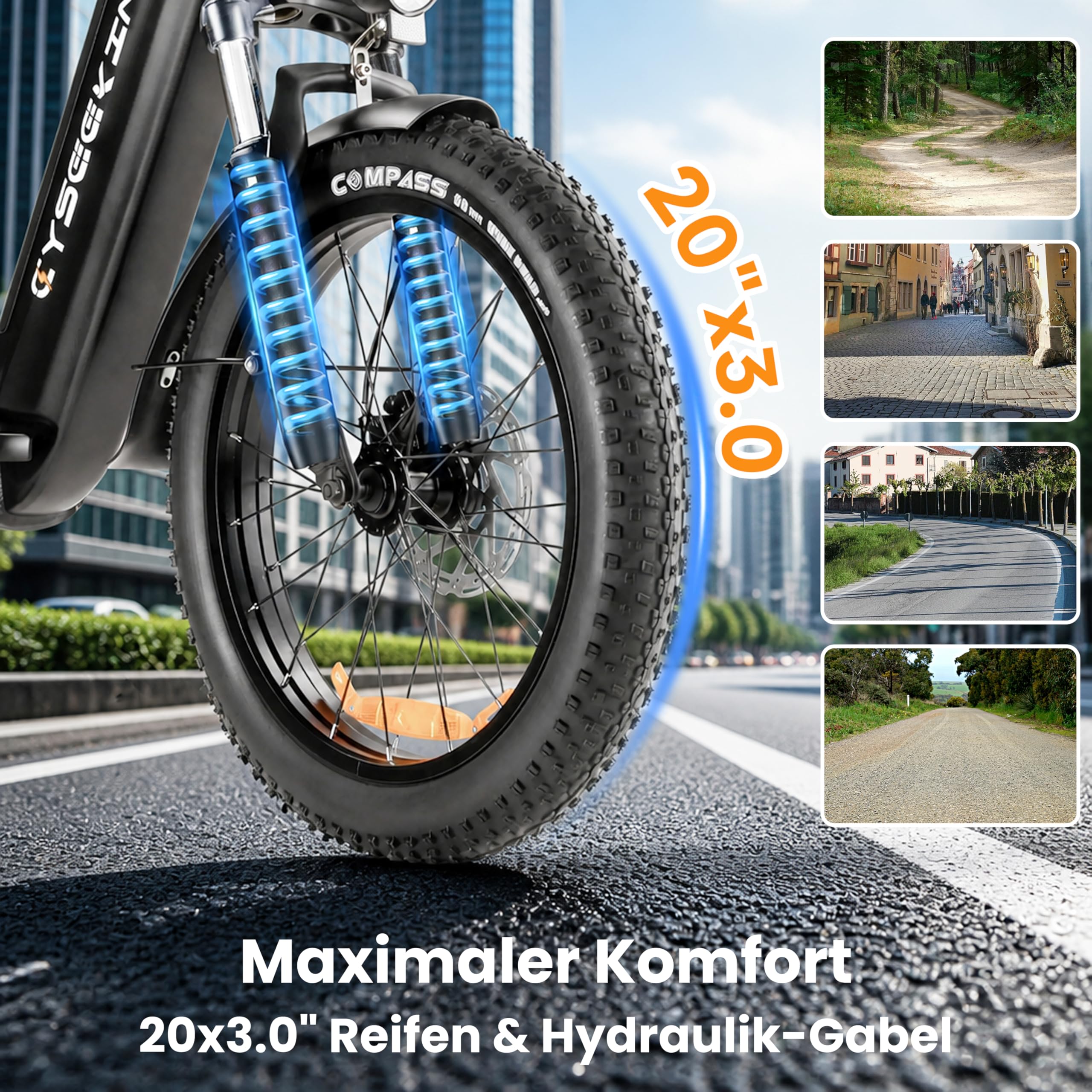 C20 E Bike Klapprad, 20x3.0 Fatbike mit Hydraulische Bremsen, 48V 15.6Ah Akku bis 120km, 250W Motor 25km/h Ebike, LCD Farbdisplay Shimano 7-Gang Elektrofahrrad für Damen Herren