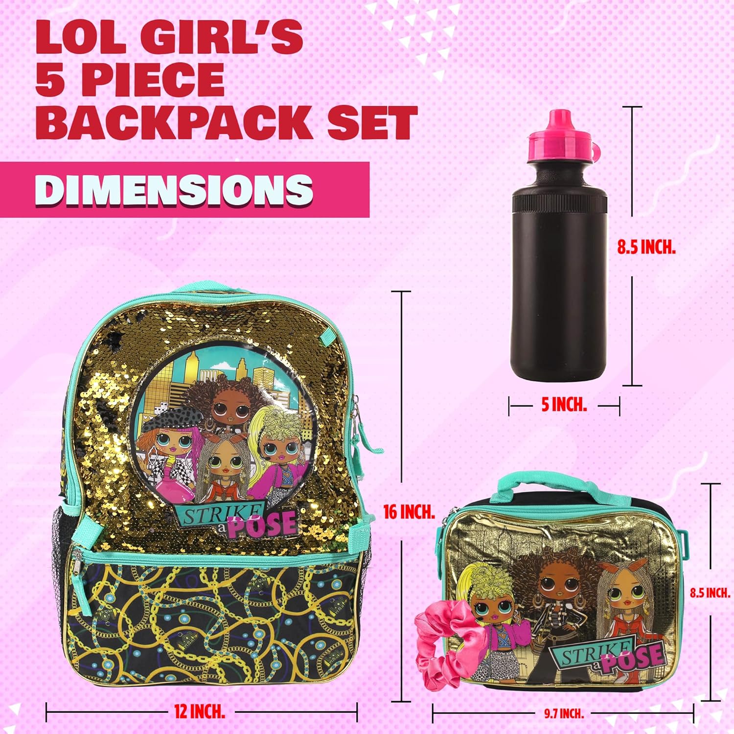 L.O.L. Surprise 5 Piece Backpack Set for Girls, O.M.G. Brush Glitter Sequin 16" School Bag, Black and Gold - Image 8