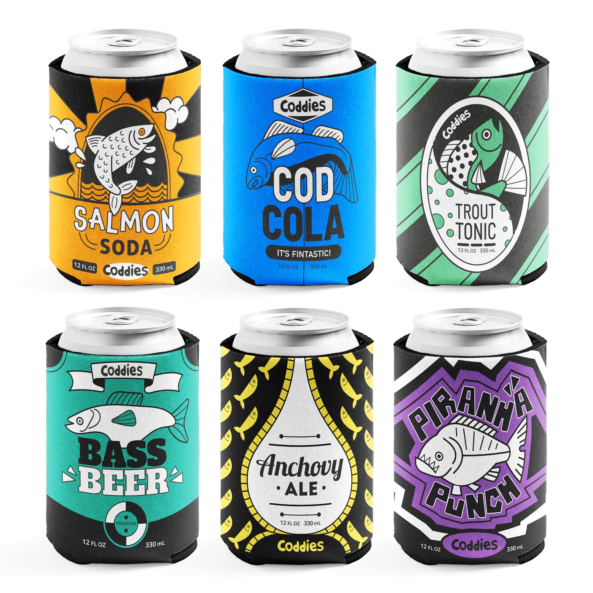 Coddies Beer Can Cooler Set (6 Pack) - Funny Can Cooler for Fishermen - Neoprene Insulating Non-Slip Holders - Fits Cans and Bottles