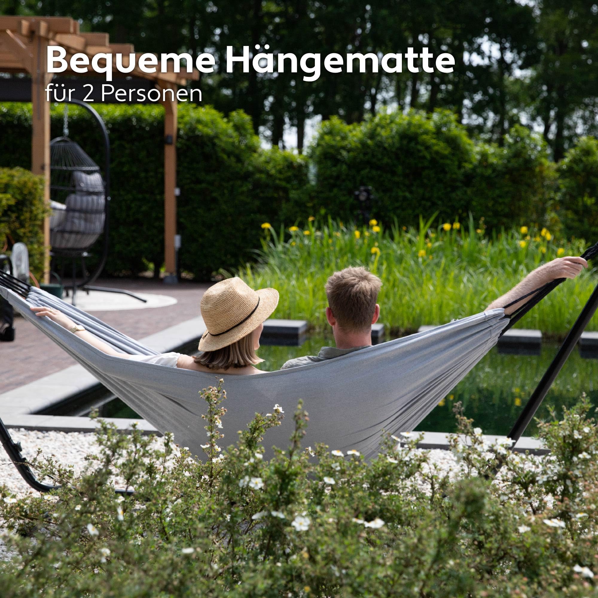 Vita5 Hängematte mit Gestell – Extra Große Hängematte aus 80% Baumwolle & 20% Polyester für Garten, Balkon, Terrasse und Camping – inkl. Tragetasche